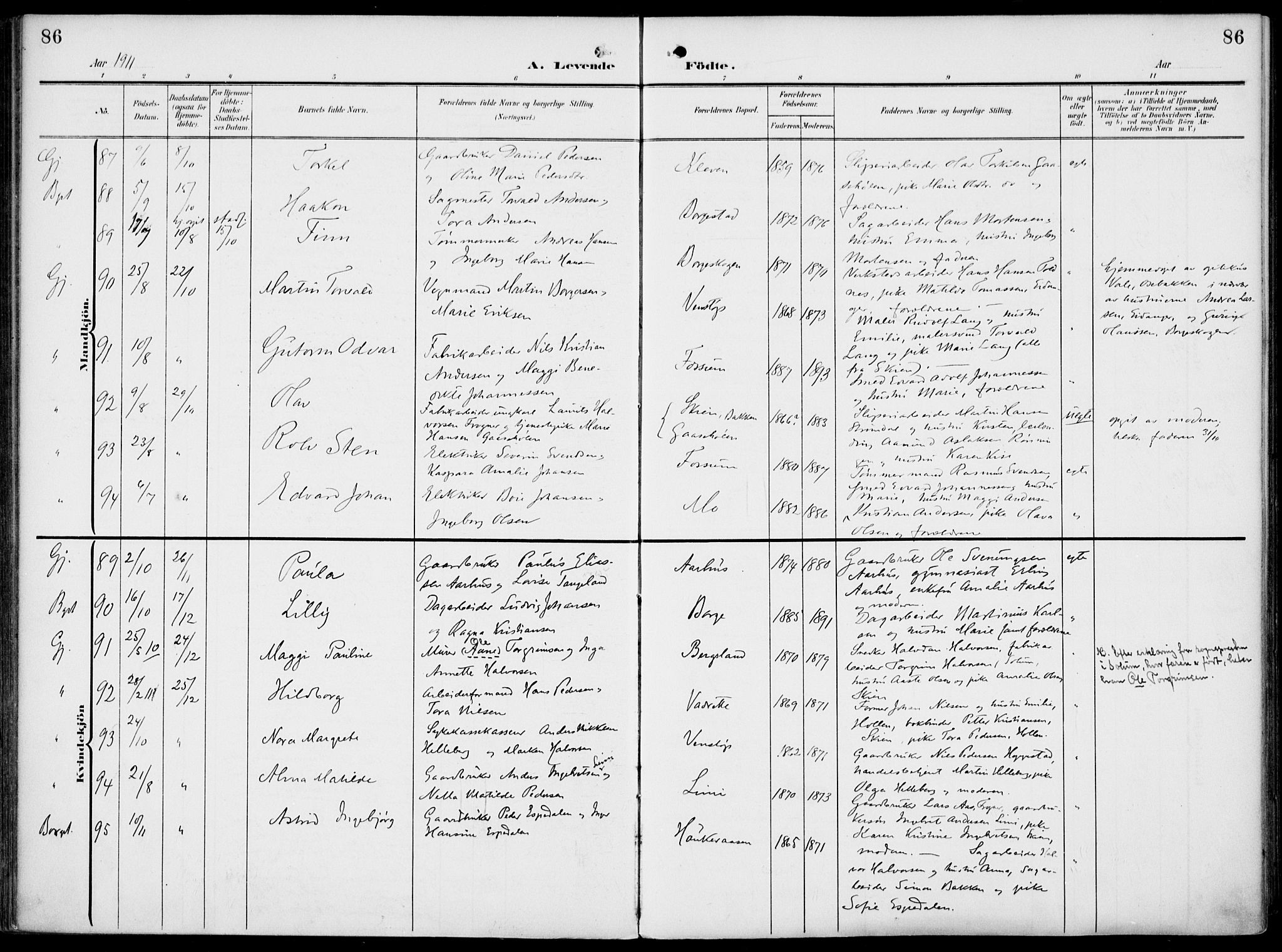 Gjerpen kirkebøker, SAKO/A-265/F/Fa/L0012: Parish register (official) no. I 12, 1905-1913, p. 86