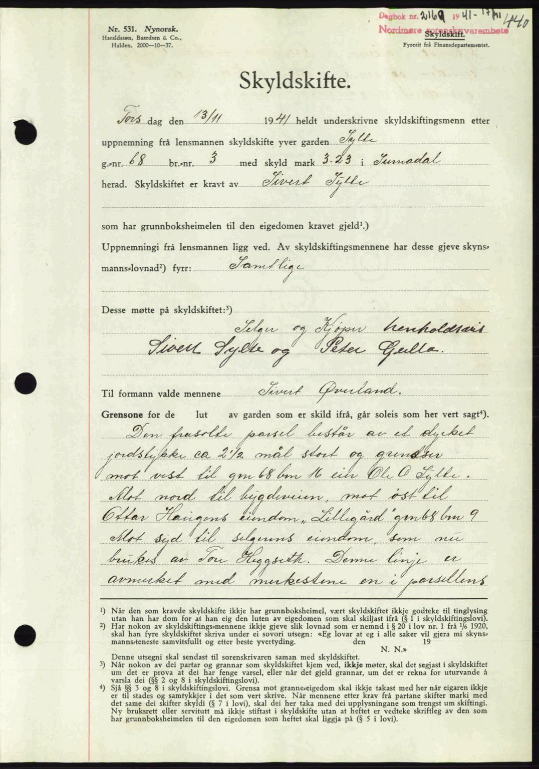 Nordmøre sorenskriveri, AV/SAT-A-4132/1/2/2Ca: Mortgage book no. A91, 1941-1942, Diary no: : 2169/1941