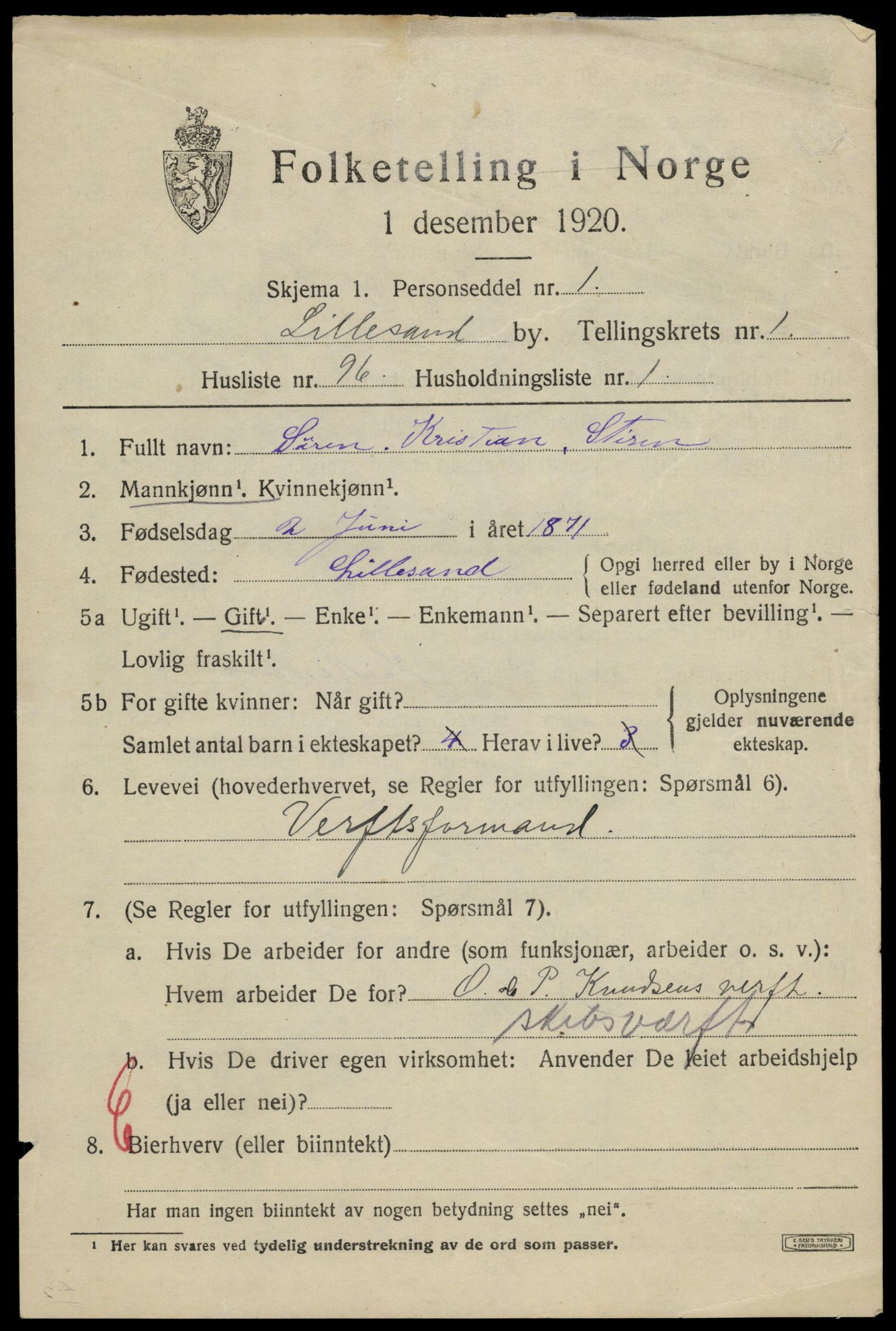 SAK, 1920 census for Lillesand, 1920, p. 2323