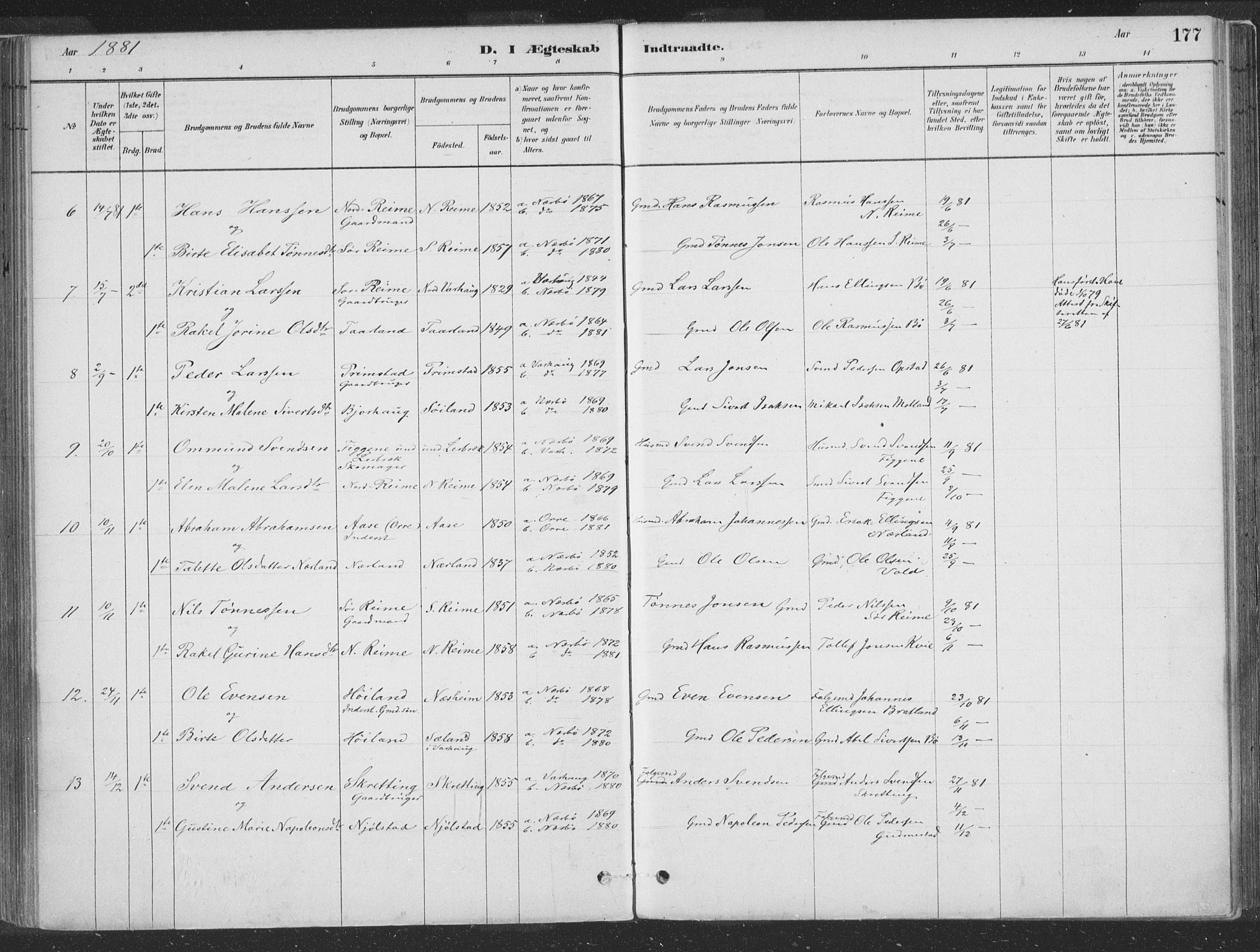 Hå sokneprestkontor, SAST/A-101801/001/30BA/L0010: Parish register (official) no. A 9, 1879-1896, p. 177