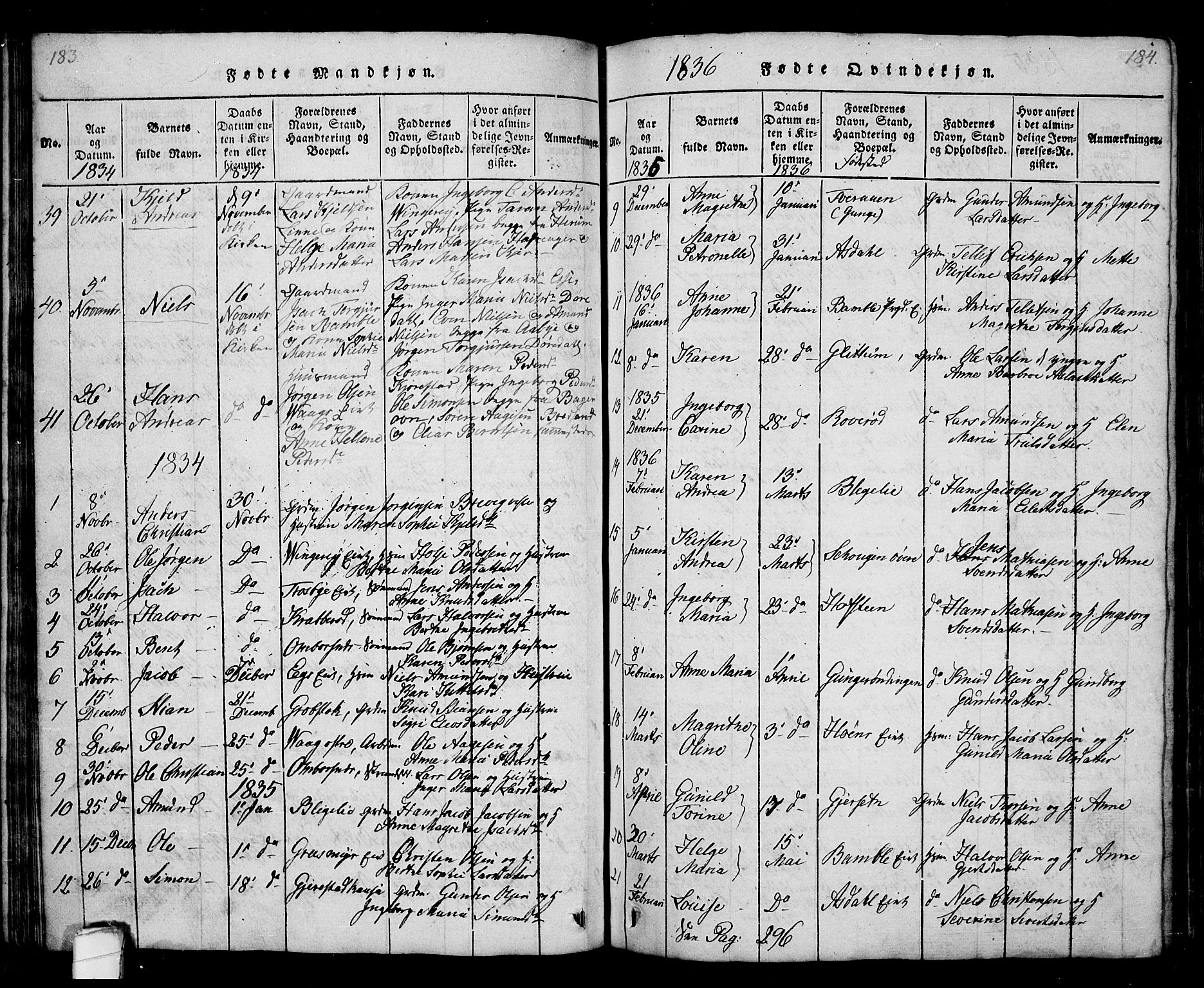 Bamble kirkebøker, SAKO/A-253/G/Ga/L0005: Parish register (copy) no. I 5, 1814-1855, p. 183-184