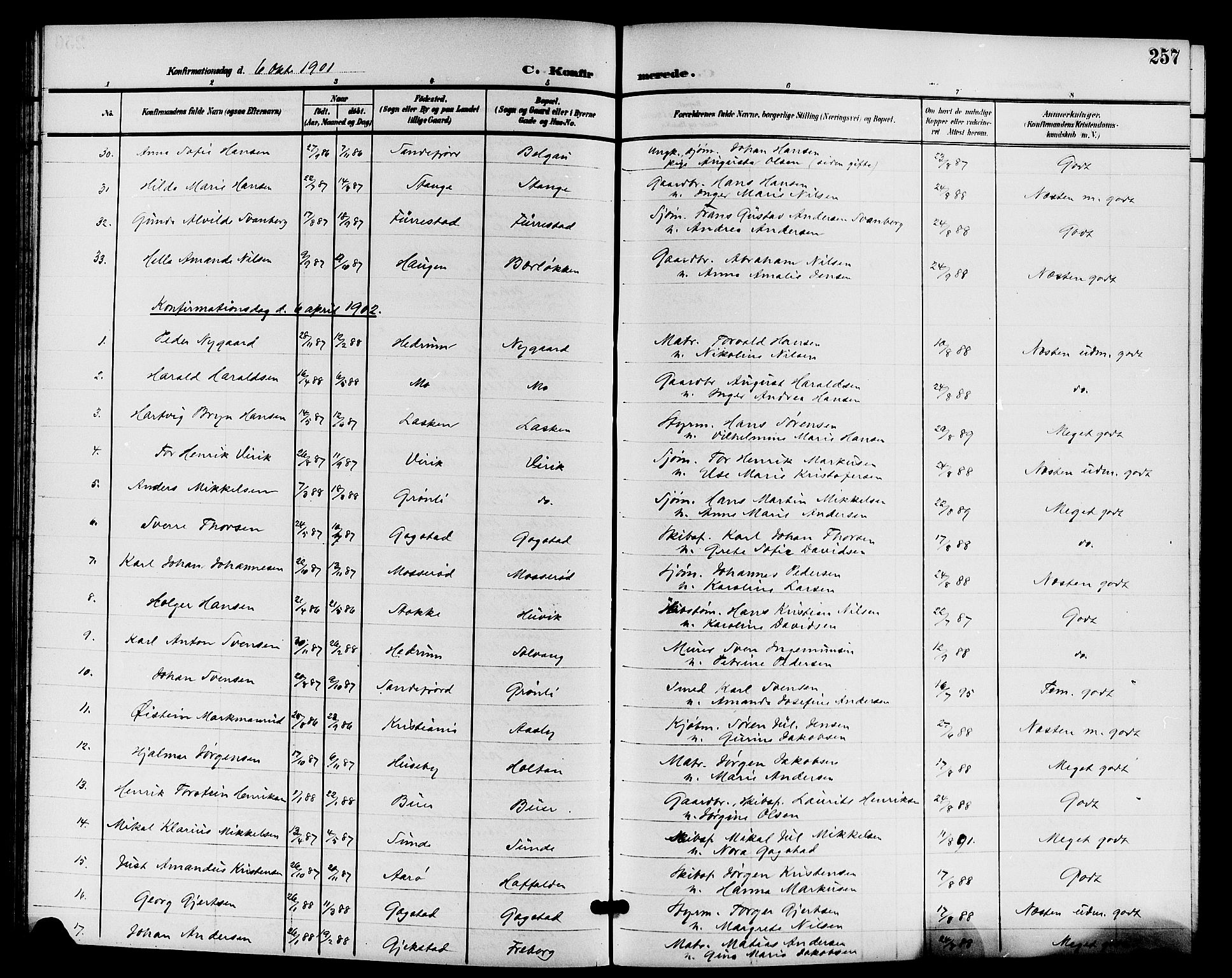 Sandar kirkebøker, AV/SAKO-A-243/G/Ga/L0002: Parish register (copy) no. 2, 1900-1915, p. 257