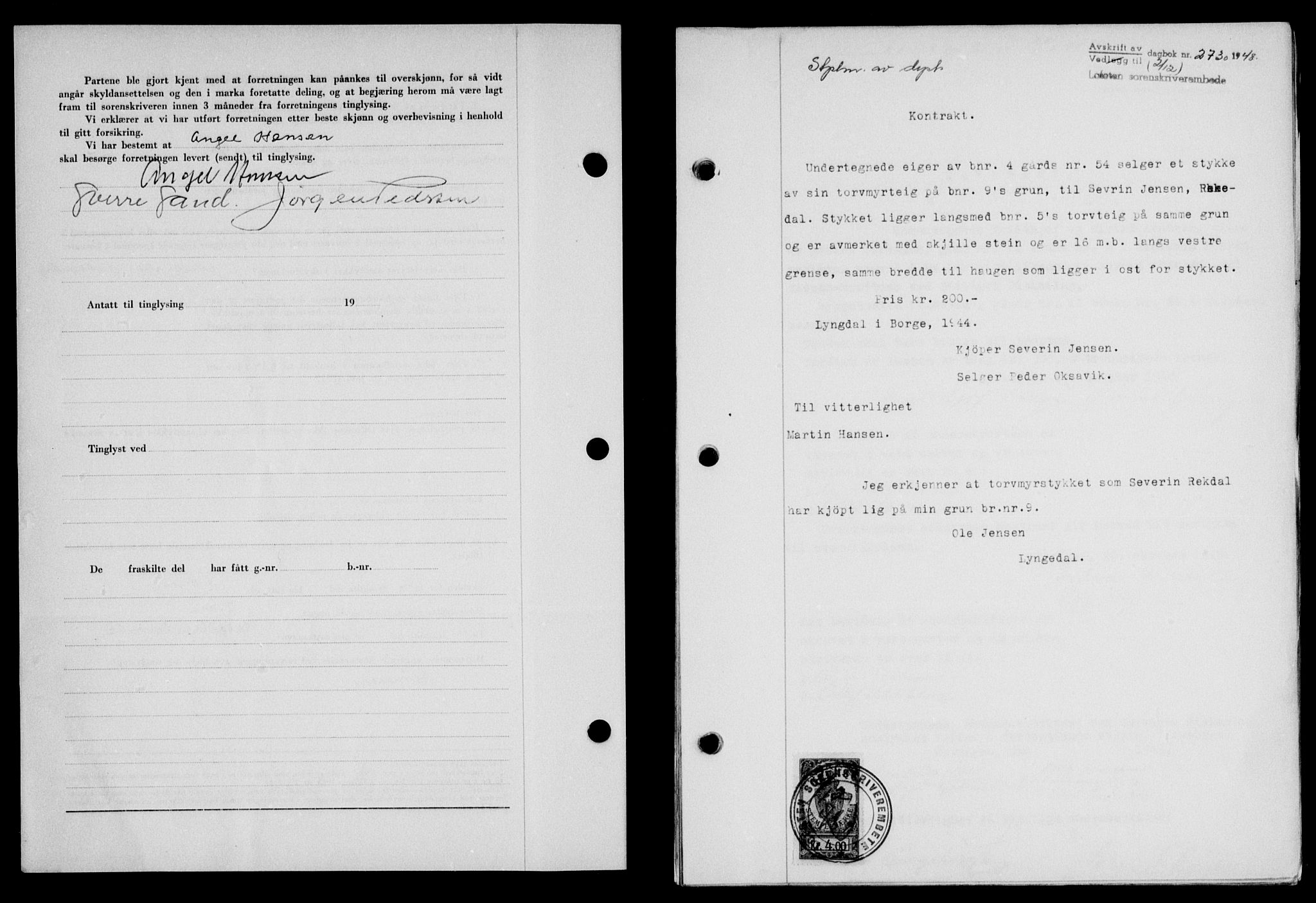 Lofoten sorenskriveri, SAT/A-0017/1/2/2C/L0020a: Mortgage book no. 20a, 1948-1949, Diary no: : 2730/1948