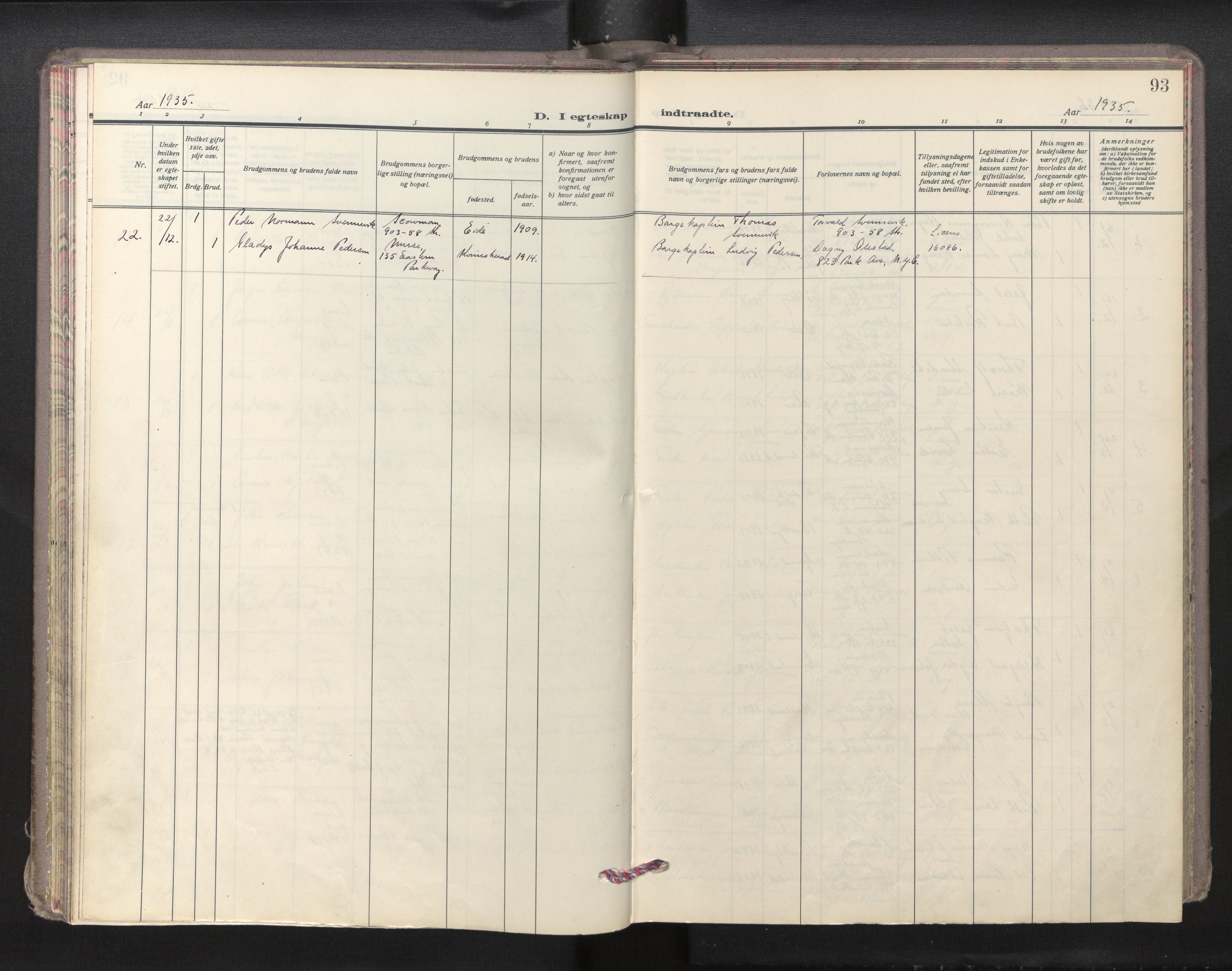 Den norske sjømannsmisjon i utlandet/New York, AV/SAB-SAB/PA-0110/H/Ha/L0009: Parish register (official) no. A 9, 1935-1945, p. 92b-93a