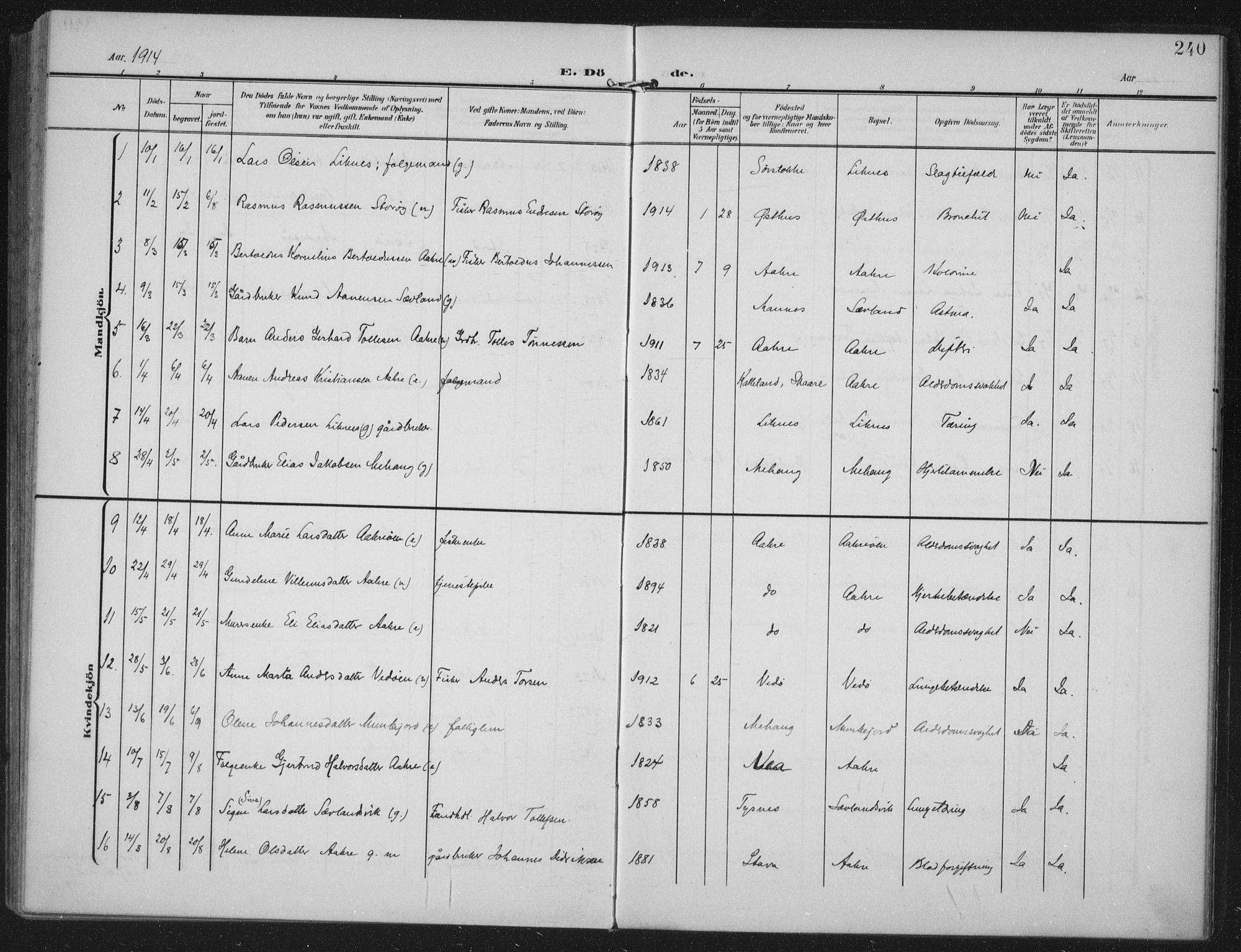 Kopervik sokneprestkontor, AV/SAST-A-101850/H/Ha/Haa/L0005: Parish register (official) no. A 5, 1906-1924, p. 240