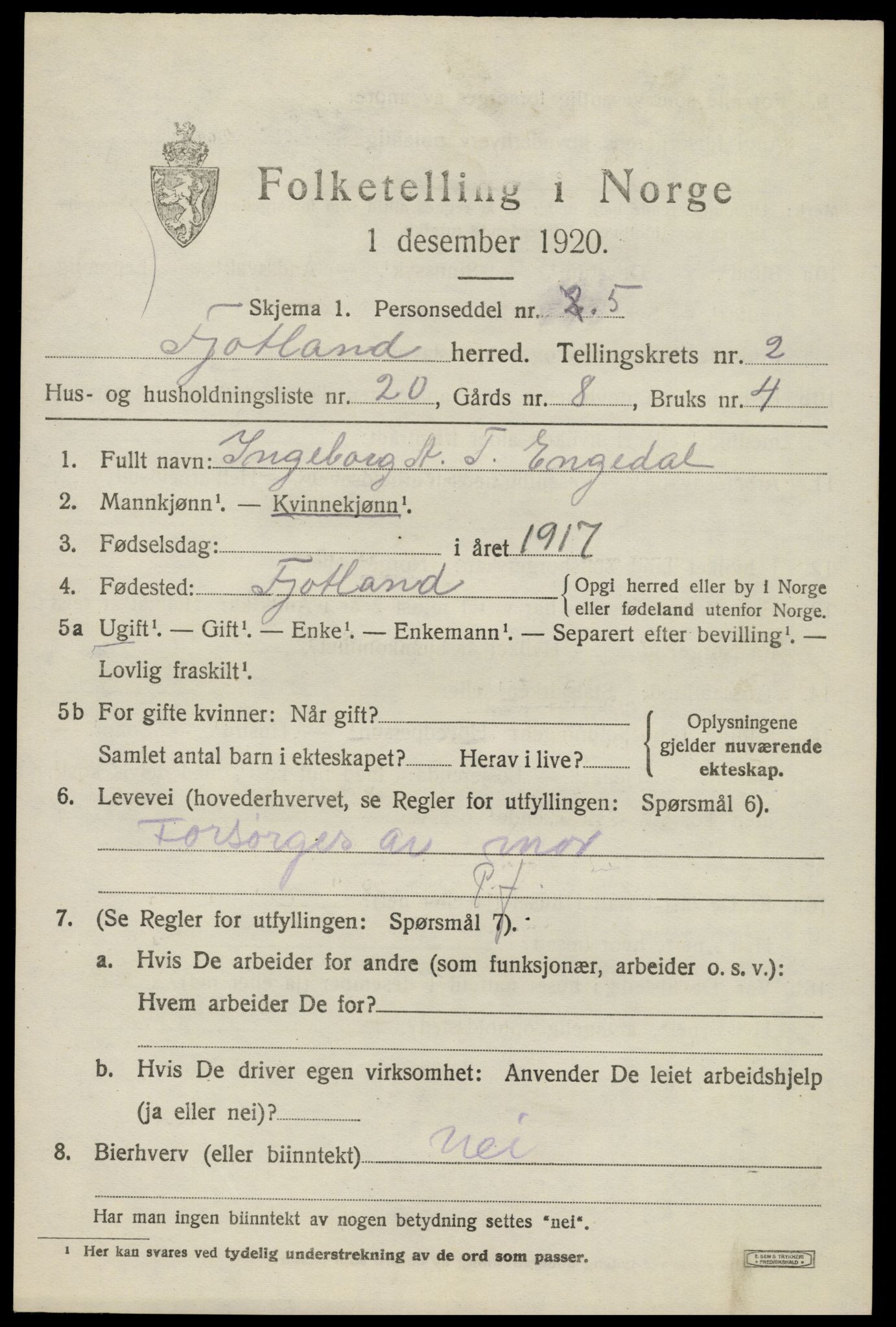 SAK, 1920 census for Fjotland, 1920, p. 902