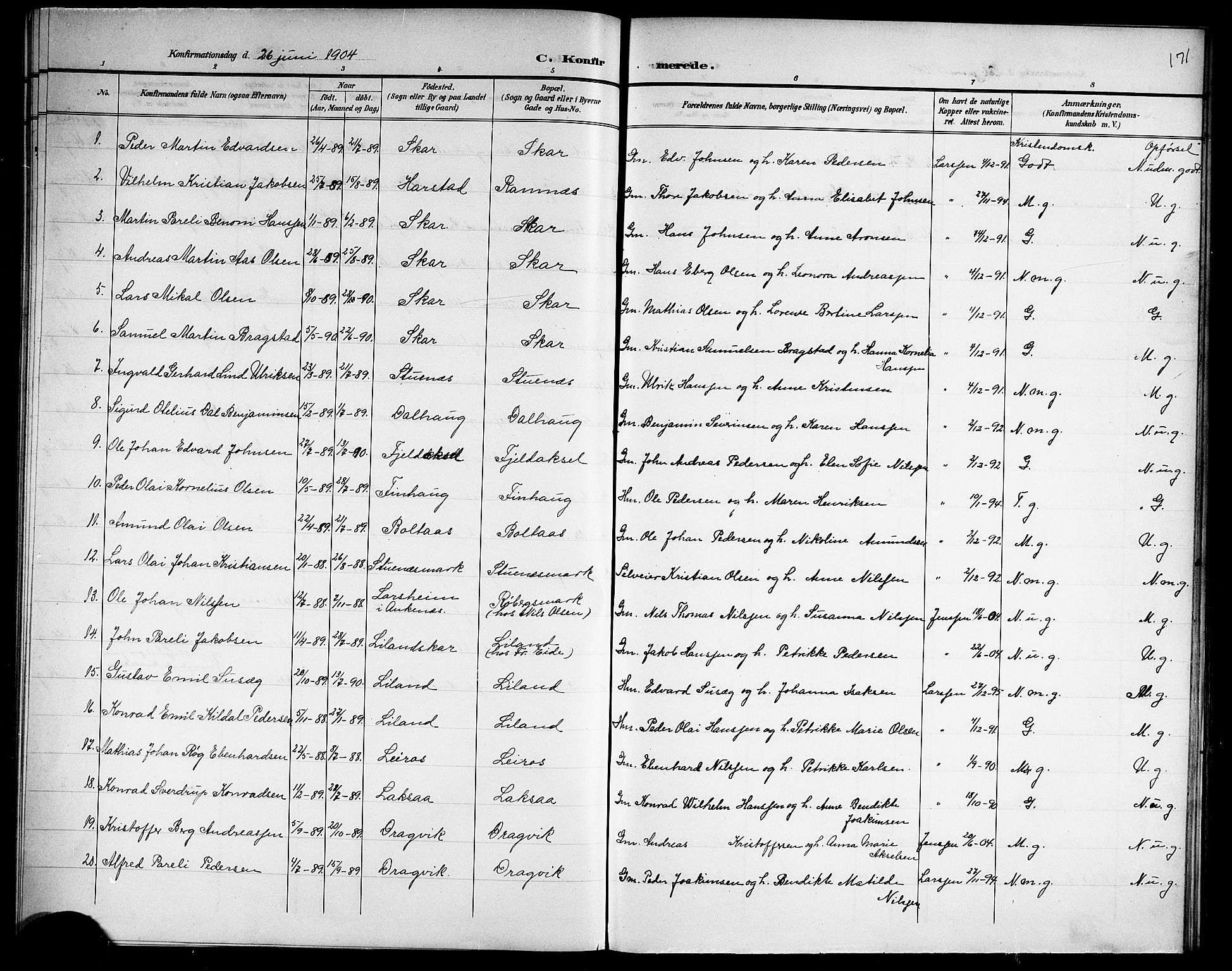 Ministerialprotokoller, klokkerbøker og fødselsregistre - Nordland, AV/SAT-A-1459/863/L0915: Parish register (copy) no. 863C05, 1898-1907, p. 171