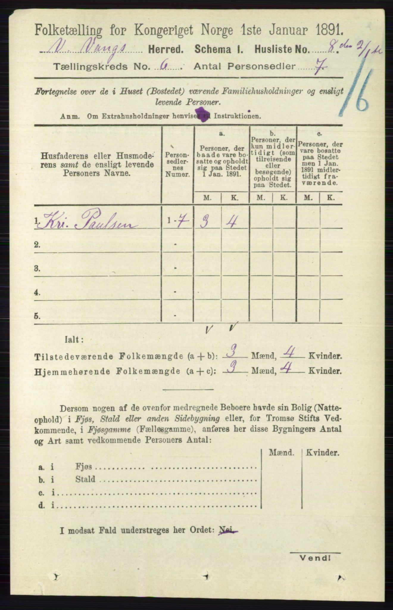 RA, 1891 census for 0545 Vang, 1891, p. 1236