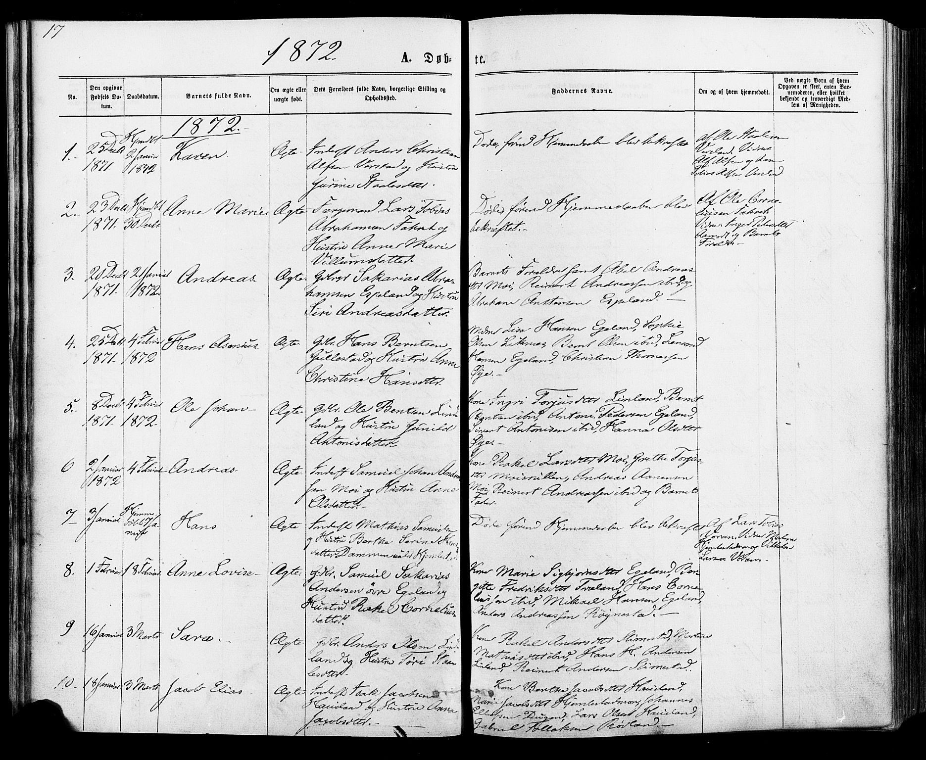 Kvinesdal sokneprestkontor, AV/SAK-1111-0026/F/Fa/Fab/L0007: Parish register (official) no. A 7, 1870-1885, p. 17