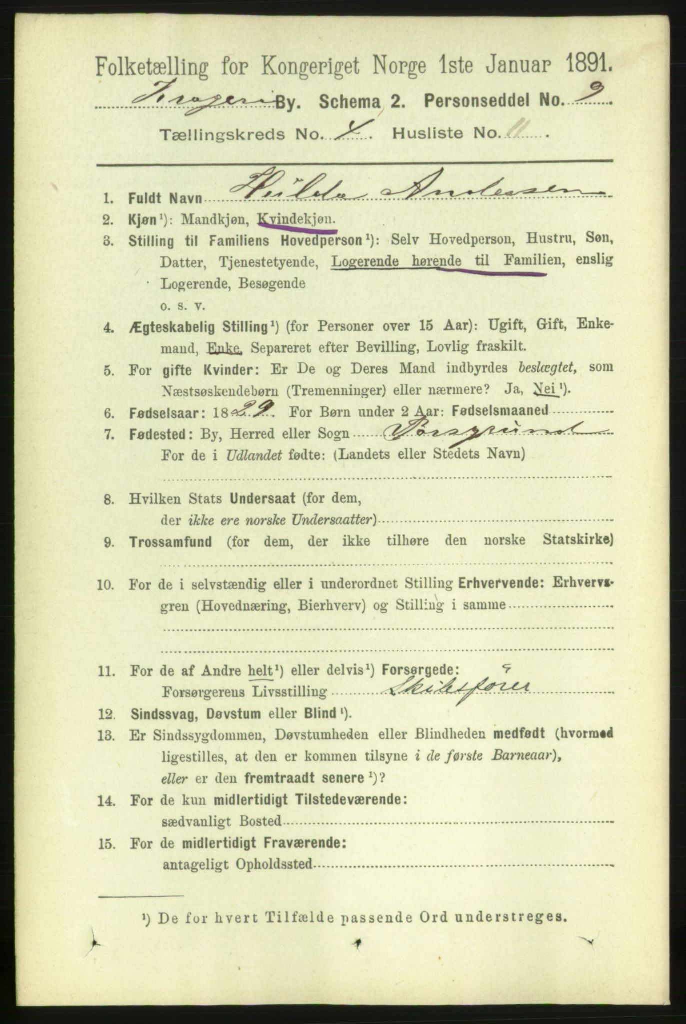 RA, 1891 census for 0801 Kragerø, 1891, p. 2911