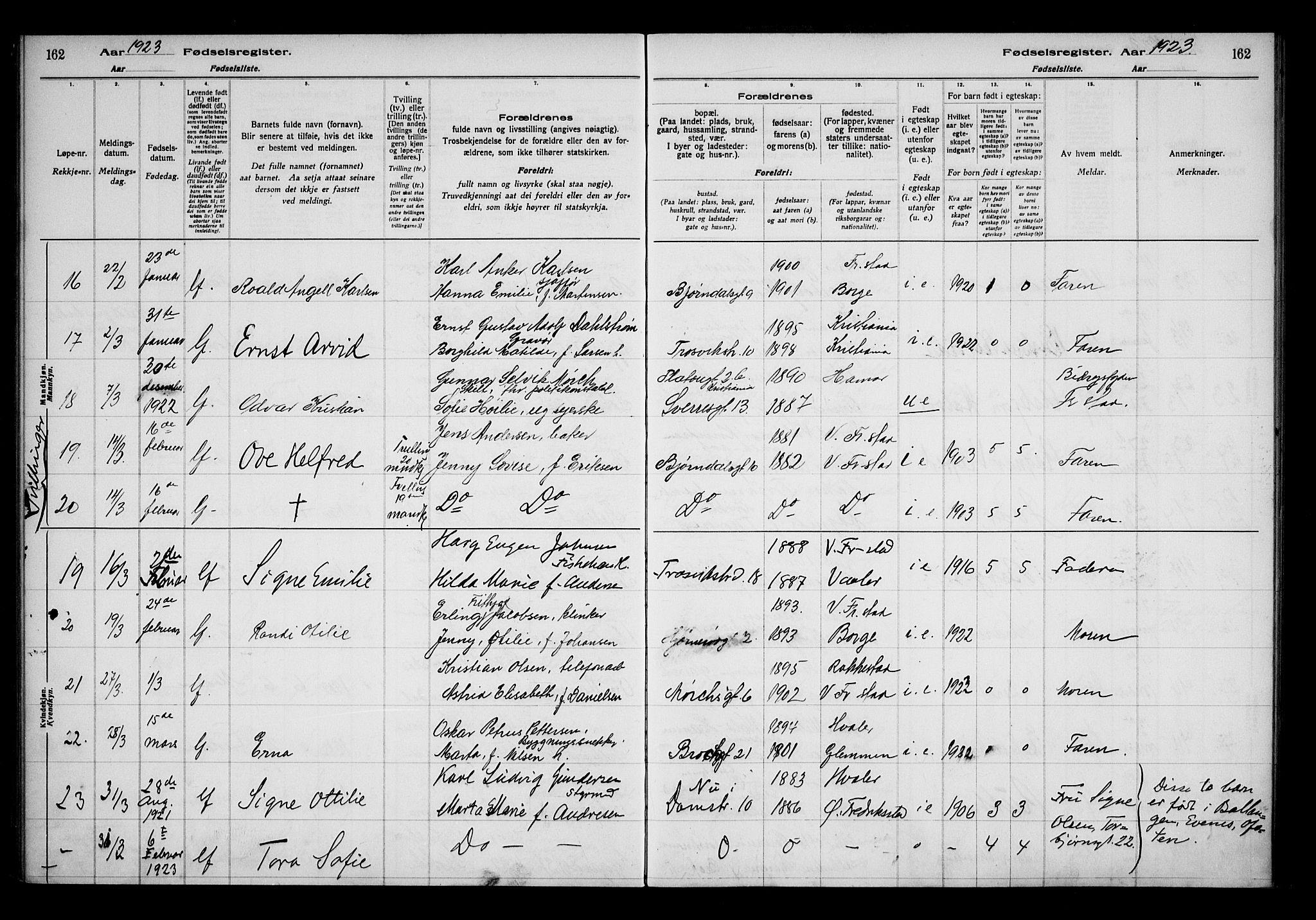 Fredrikstad domkirkes prestekontor Kirkebøker, SAO/A-10906/J/*Ja/L0001: Birth register no. 1, 1916-1925, p. 162