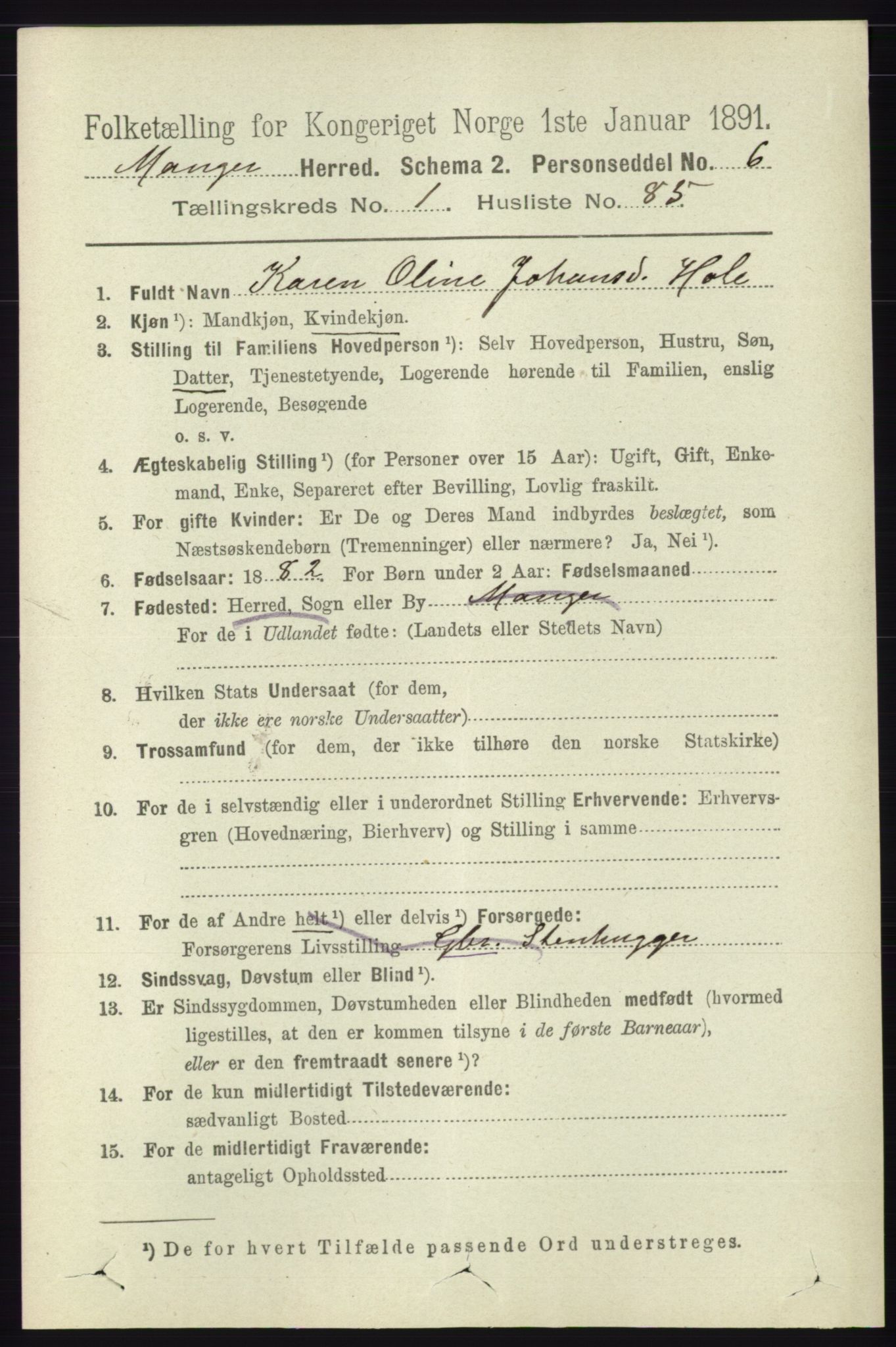 RA, 1891 census for 1261 Manger, 1891, p. 666