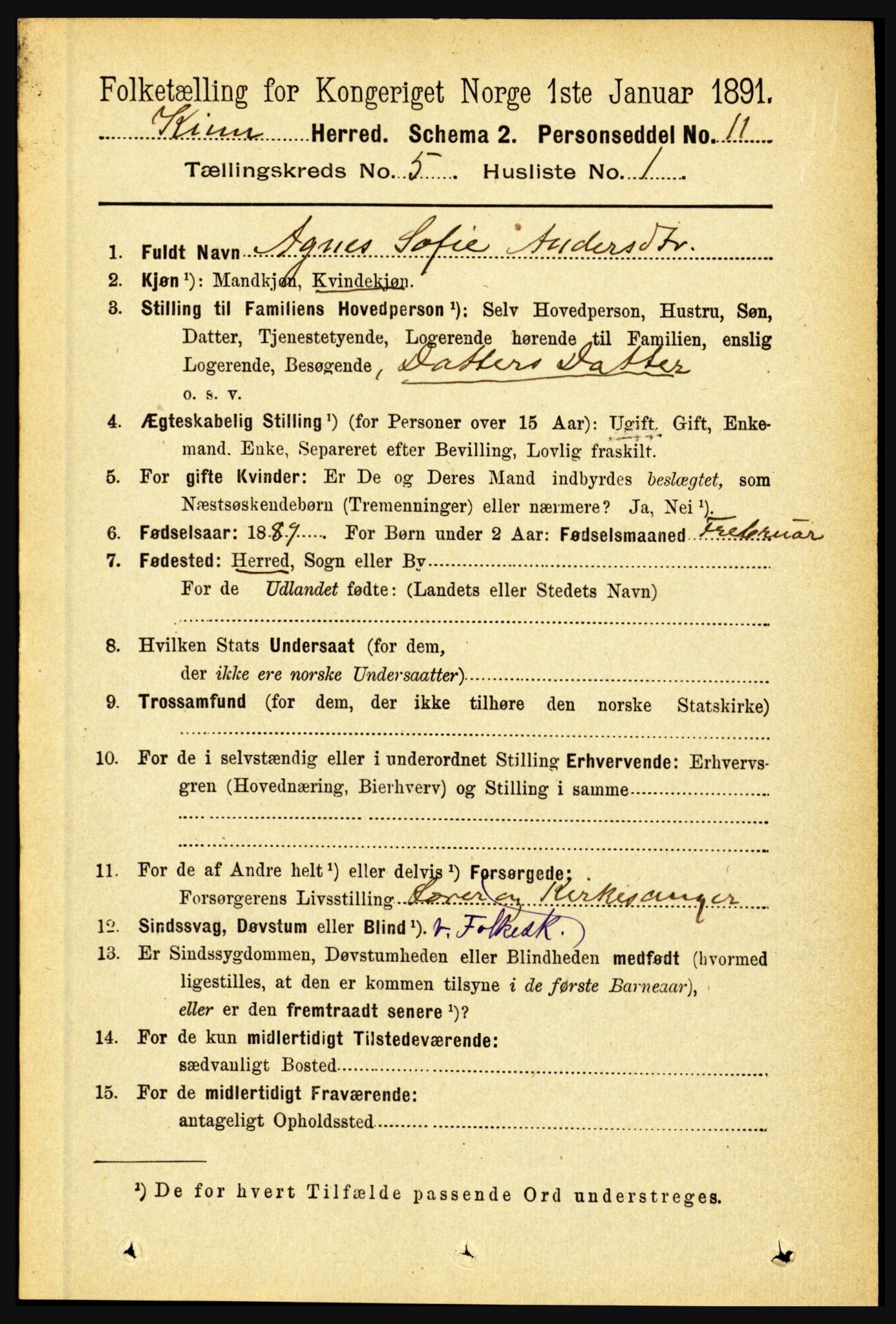 RA, 1891 census for 1437 Kinn, 1891, p. 1823