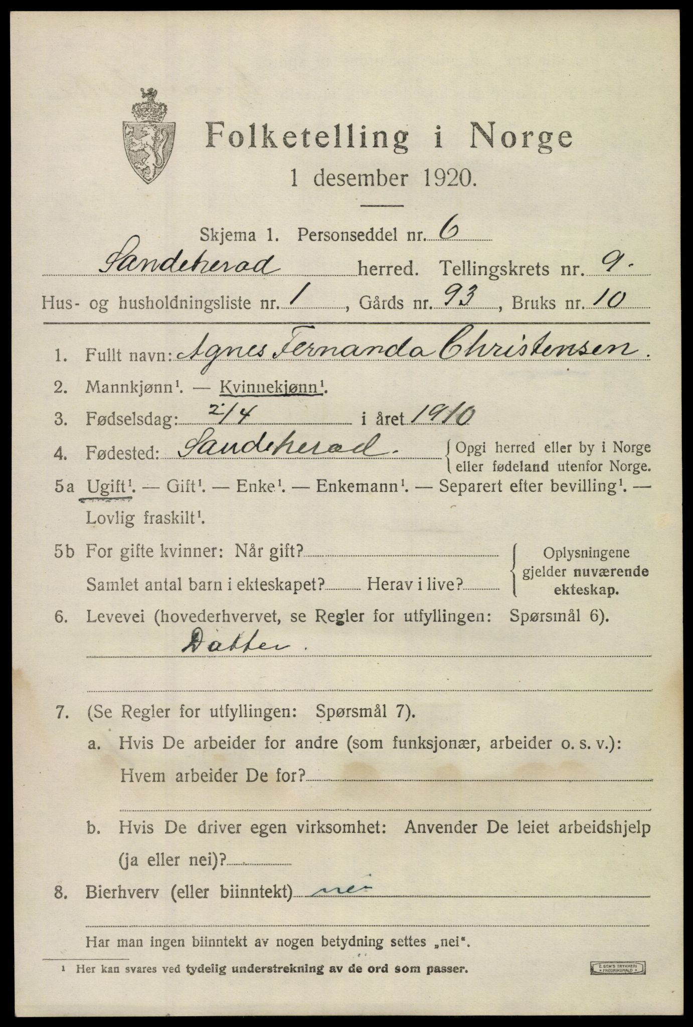 SAKO, 1920 census for Sandeherred, 1920, p. 14288