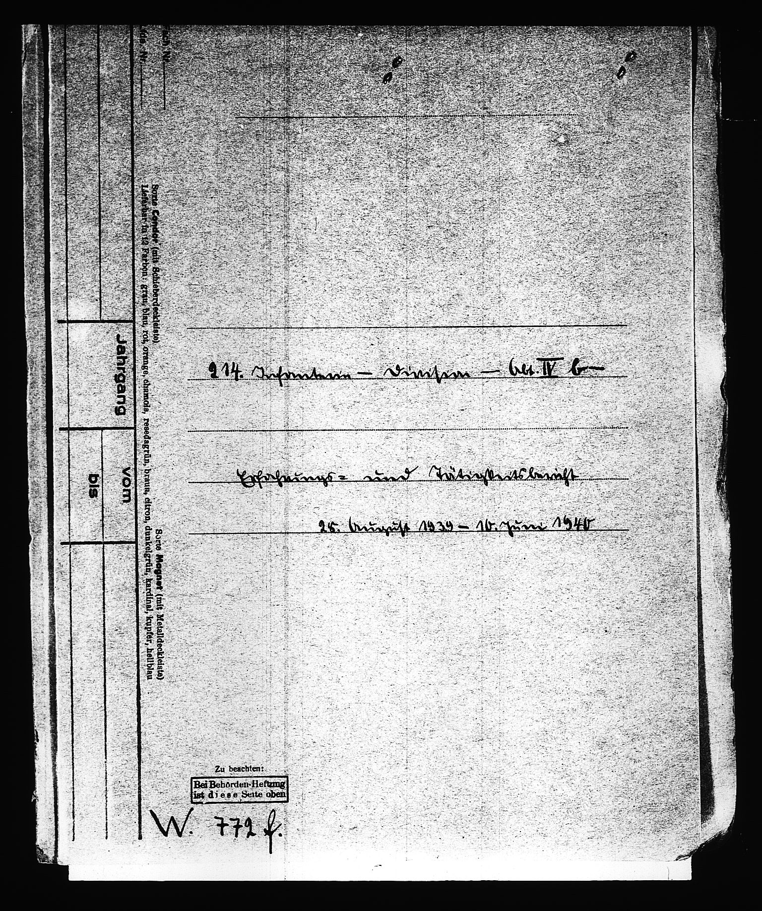 Documents Section, RA/RAFA-2200/V/L0088: Amerikansk mikrofilm "Captured German Documents".
Box No. 727.  FKA jnr. 601/1954., 1939-1940, p. 456