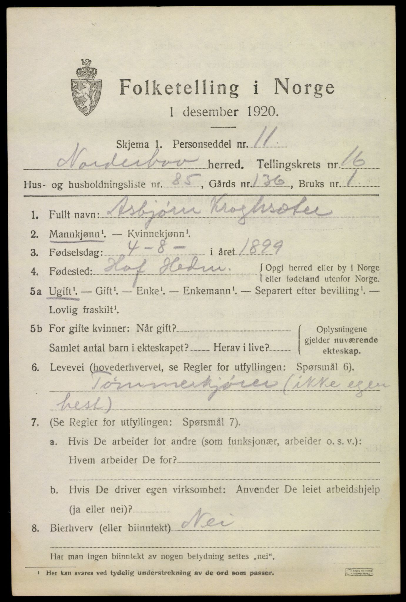 SAKO, 1920 census for Norderhov, 1920, p. 18510