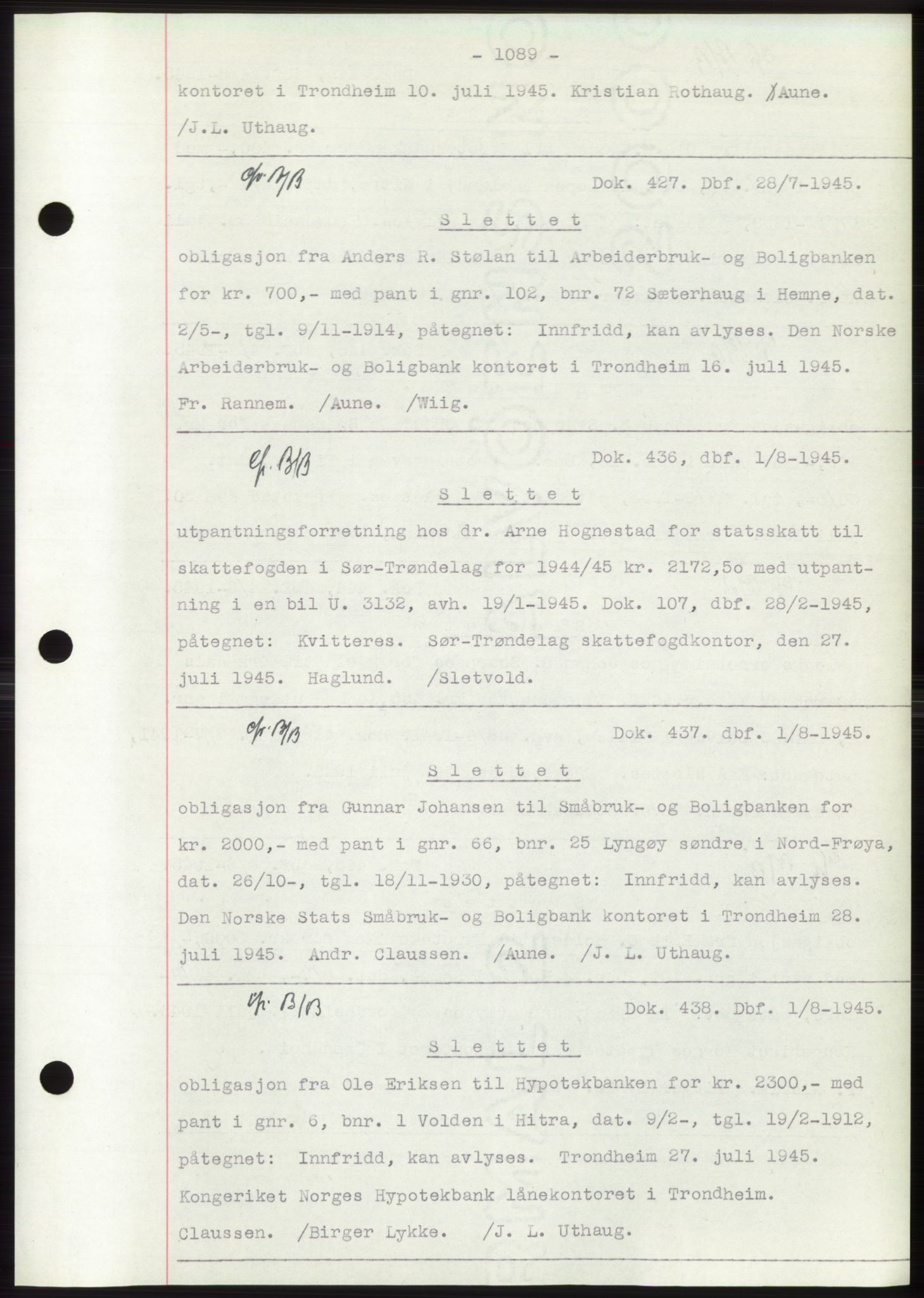 Hitra sorenskriveri, AV/SAT-A-0018/2/2C/2Ca: Mortgage book no. C1, 1936-1945, Diary no: : 427/1945