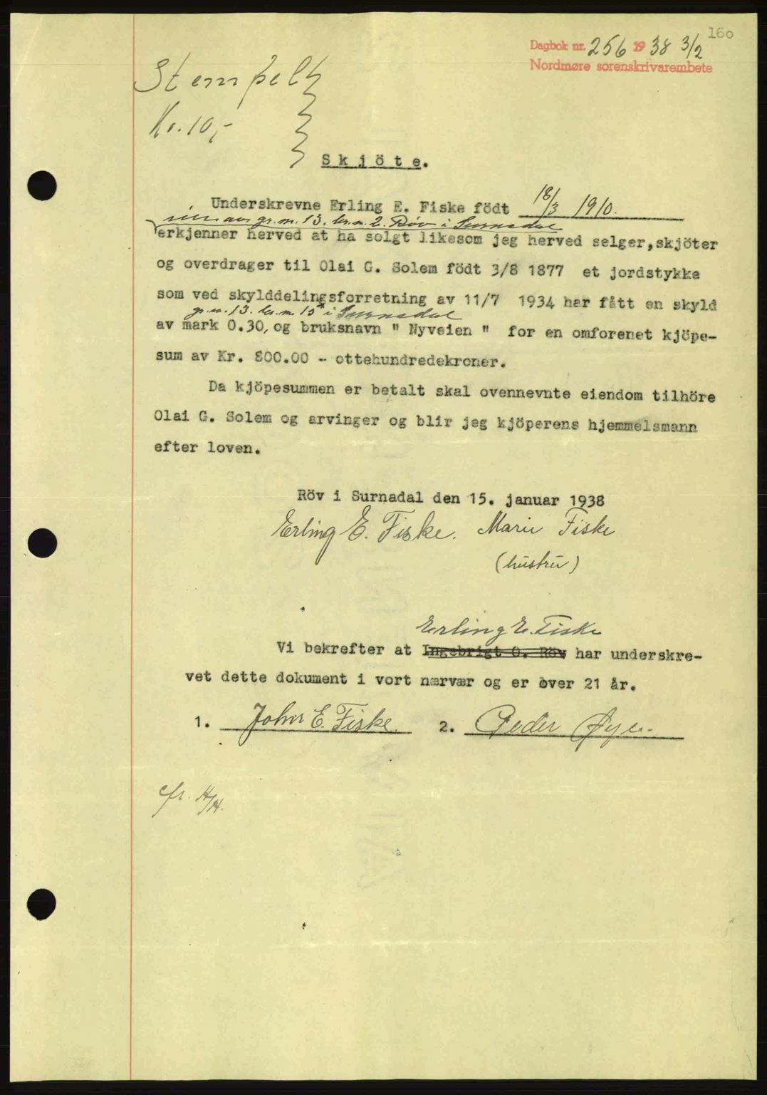 Nordmøre sorenskriveri, AV/SAT-A-4132/1/2/2Ca: Mortgage book no. A83, 1938-1938, Diary no: : 256/1938