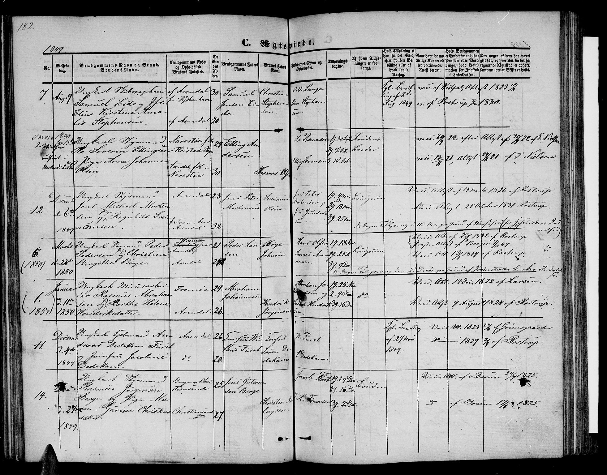 Arendal sokneprestkontor, Trefoldighet, SAK/1111-0040/F/Fb/L0002: Parish register (copy) no. B 2, 1838-1860, p. 182