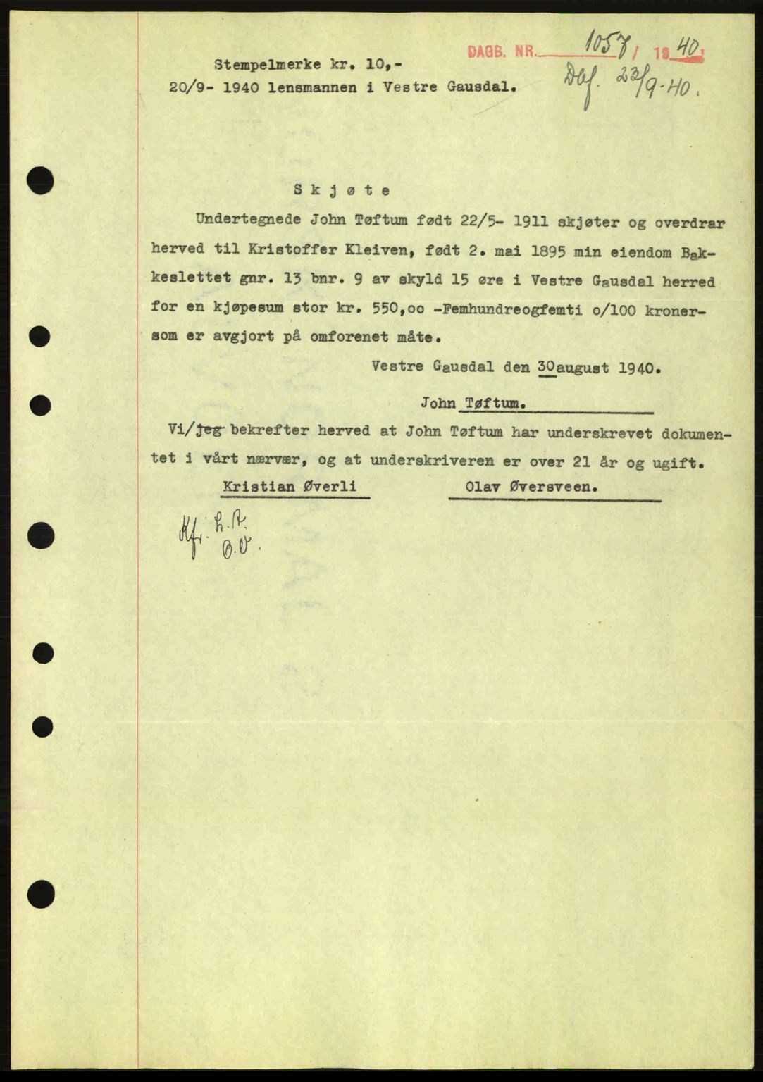 Sør-Gudbrandsdal tingrett, AV/SAH-TING-004/H/Hb/Hbd/L0008: Mortgage book no. A8, 1940-1941, Diary no: : 1057/1940