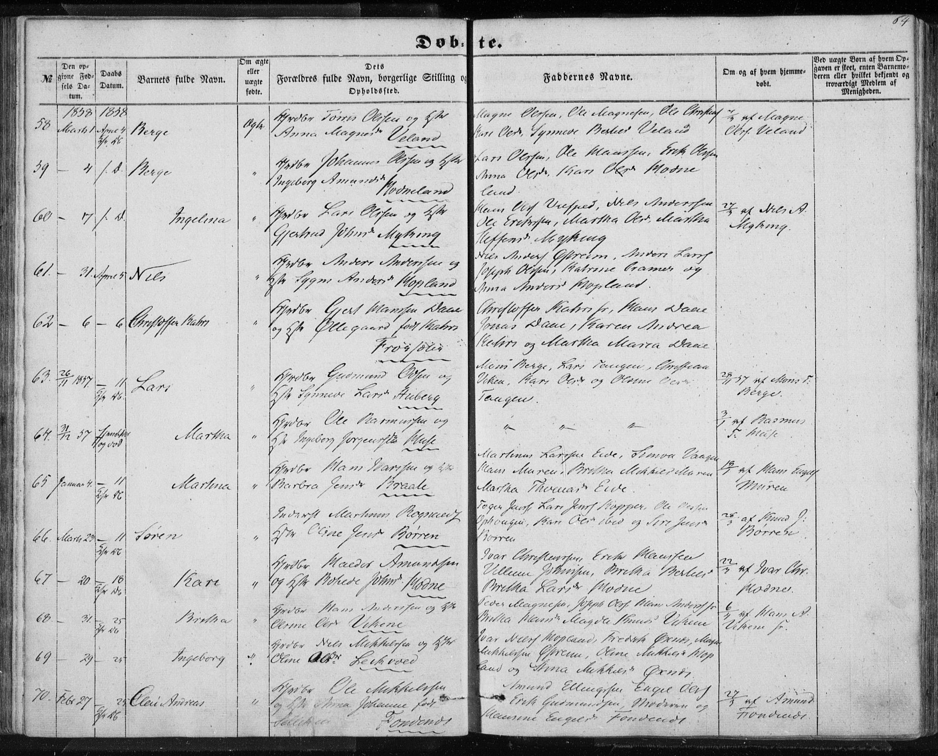 Lindås Sokneprestembete, AV/SAB-A-76701/H/Haa/Haaa/L0011: Parish register (official) no. A 11, 1854-1869, p. 64