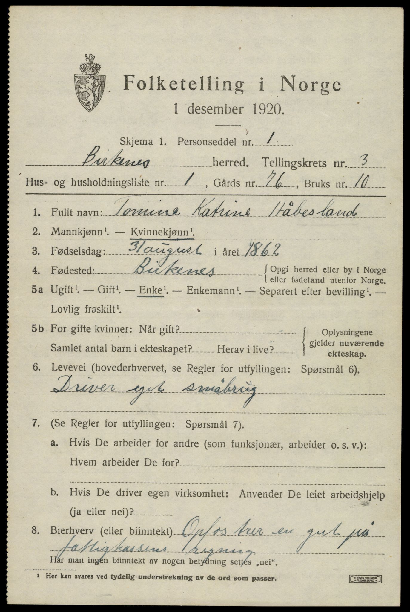 SAK, 1920 census for Birkenes, 1920, p. 1421