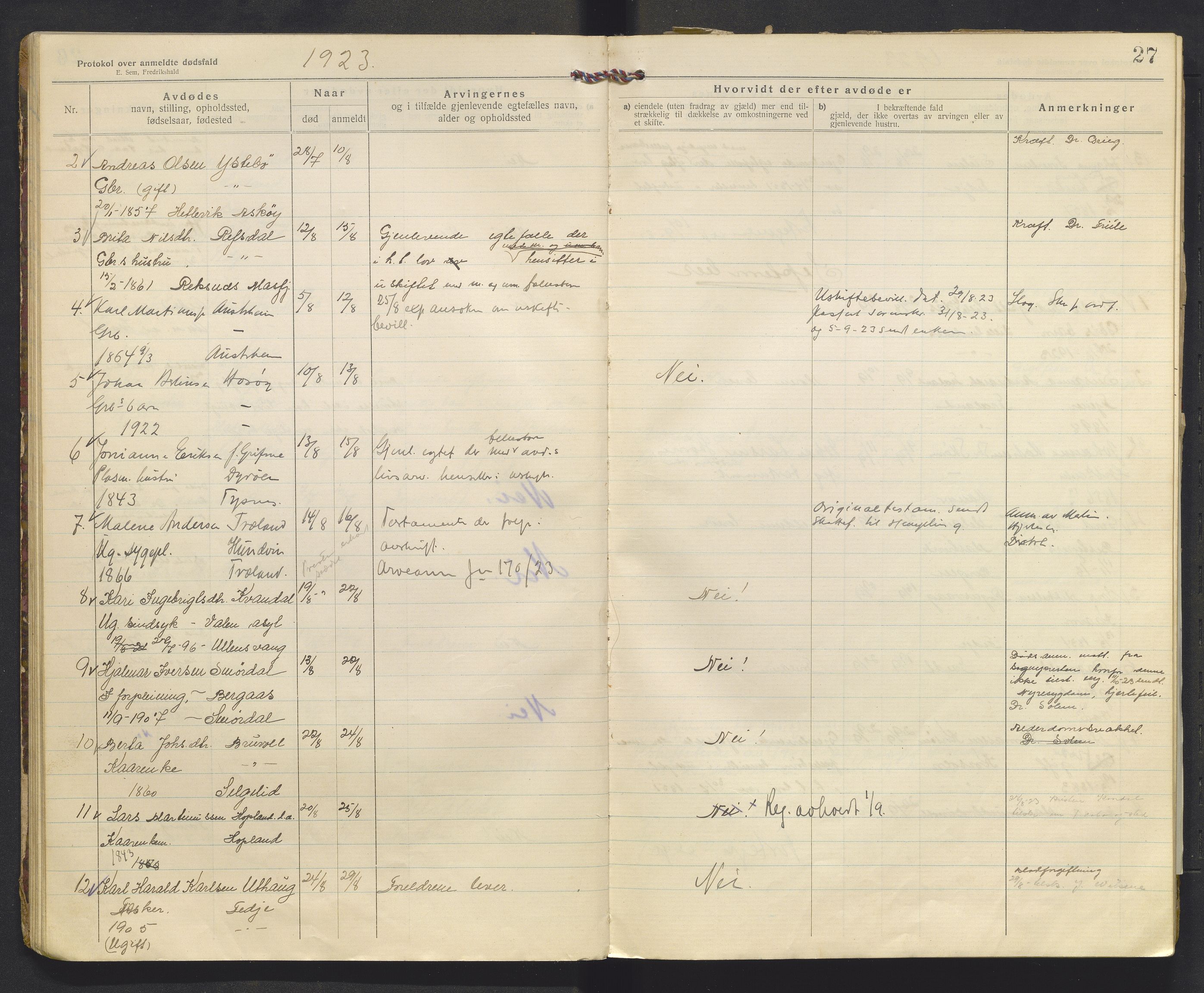 Lensmannen i Lindås, AV/SAB-A-33501/0006/L0002b: Dødsfallprotokoll, 1921-1931, p. 27