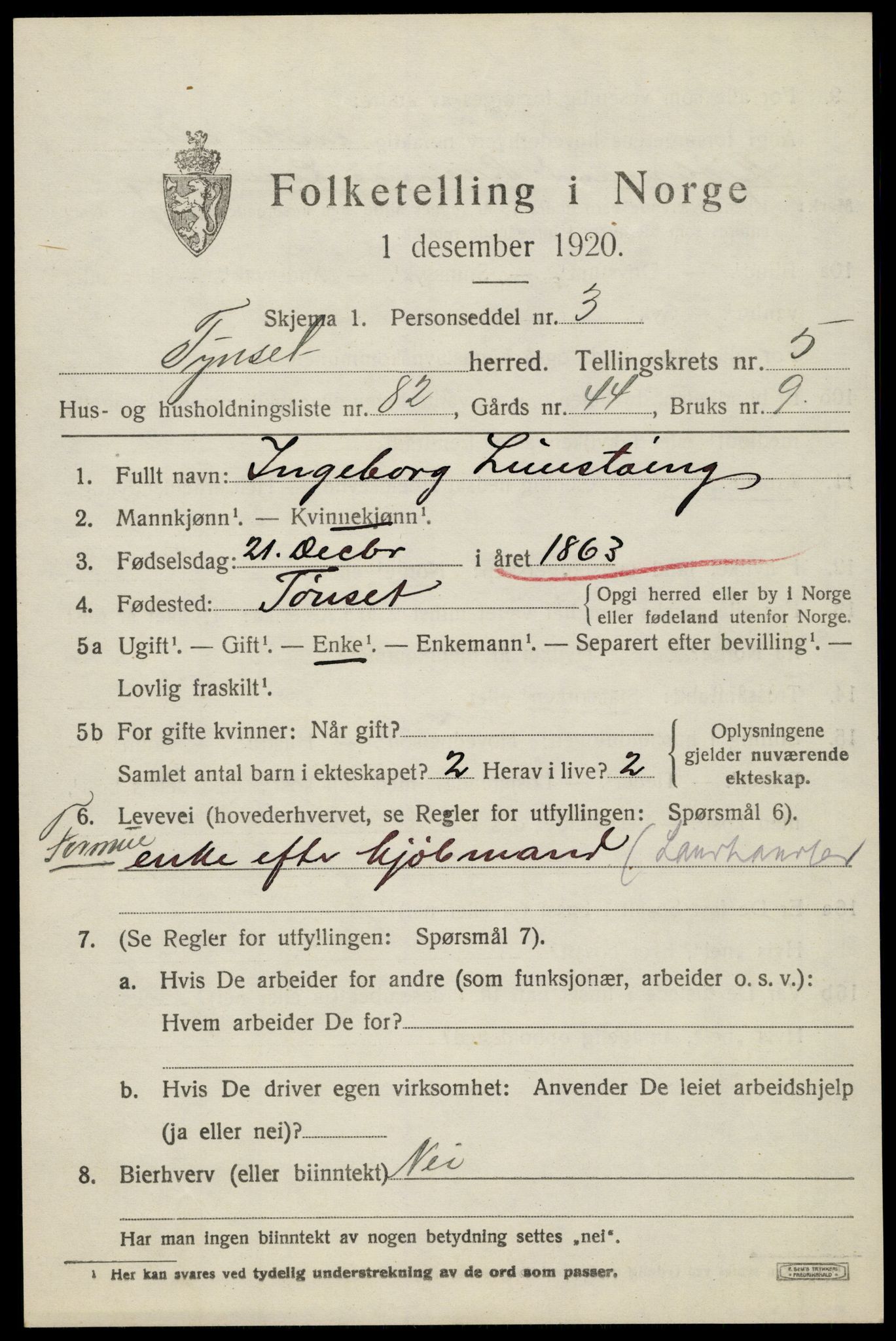 SAH, 1920 census for Tynset, 1920, p. 5484