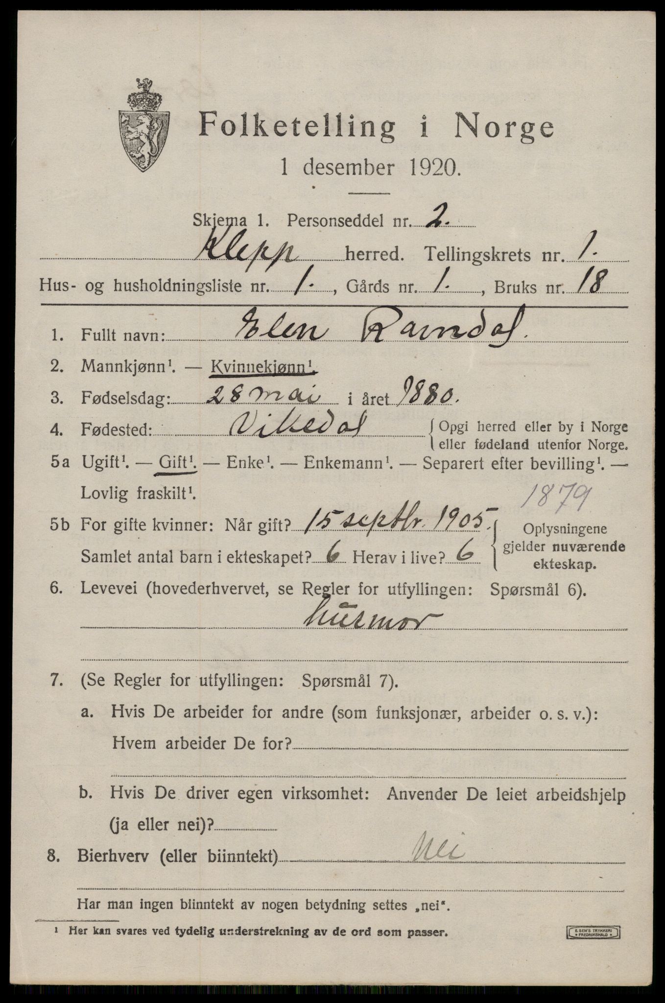 SAST, 1920 census for Klepp, 1920, p. 1190