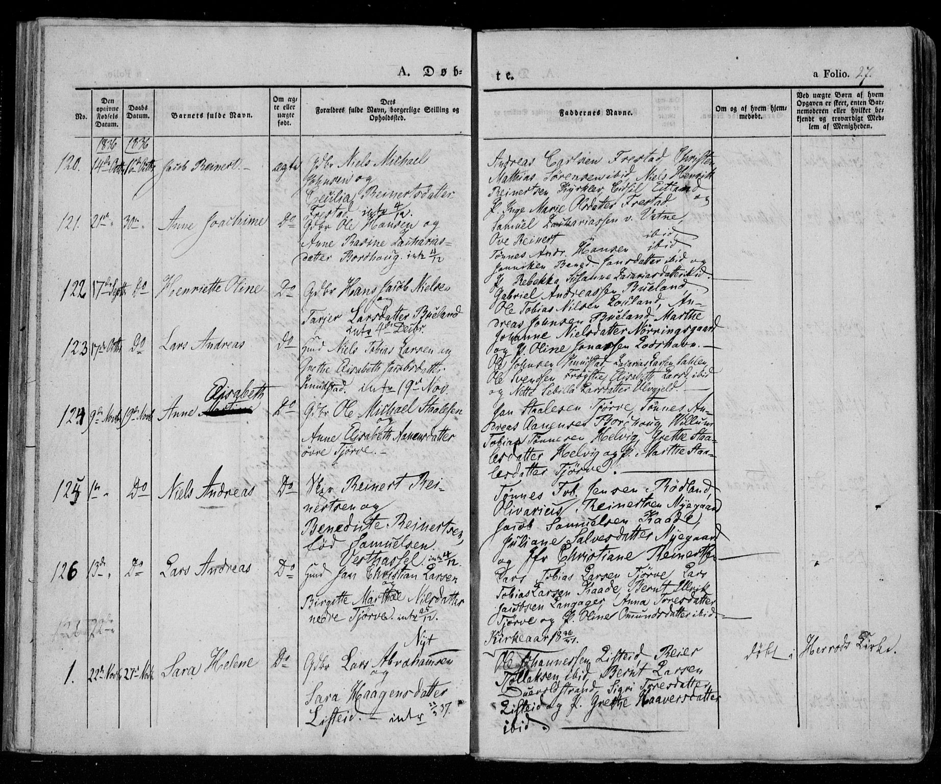 Lista sokneprestkontor, AV/SAK-1111-0027/F/Fa/L0009: Parish register (official) no. A 9, 1835-1846, p. 27