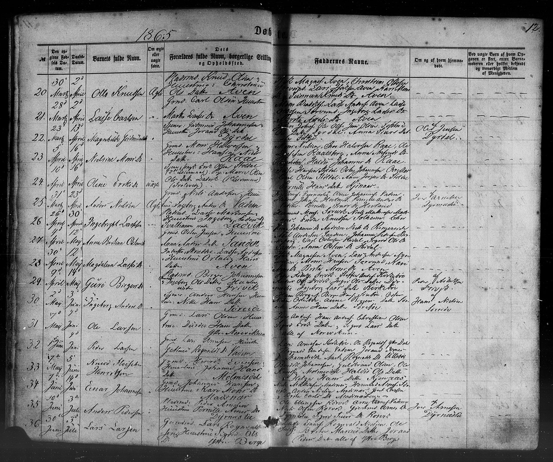 Lavik sokneprestembete, AV/SAB-A-80901: Parish register (official) no. A 4, 1864-1881, p. 12