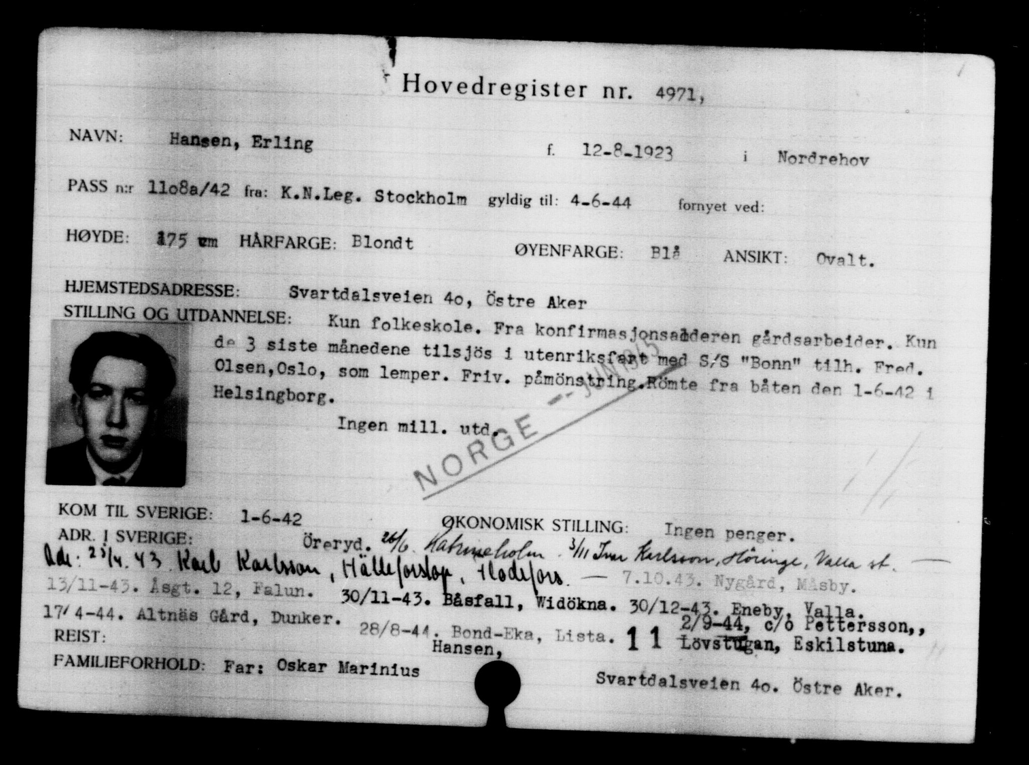 Utenriksstasjonene, Legasjonen i Stockholm, Flyktningkontoret, AV/RA-S-6753/V/Va/L0004: Kjesäterkartoteket, flyktninger med registreringsnr. 3496-6610, 1940-1945, p. 1752