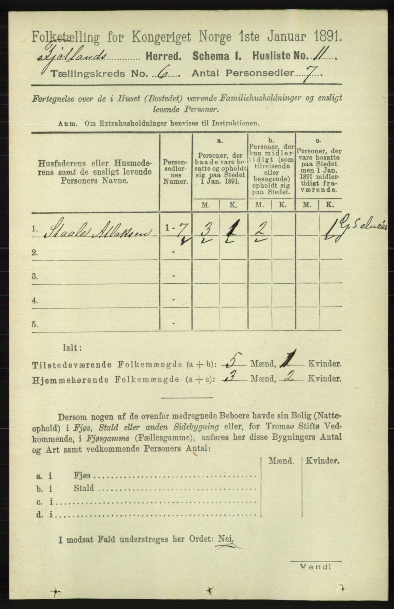 RA, 1891 census for 1036 Fjotland, 1891, p. 847