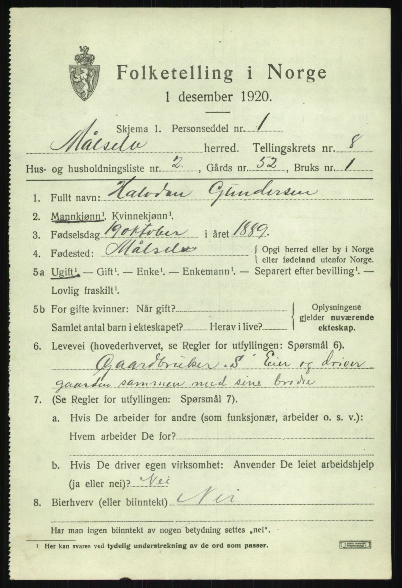 SATØ, 1920 census for Målselv, 1920, p. 4851