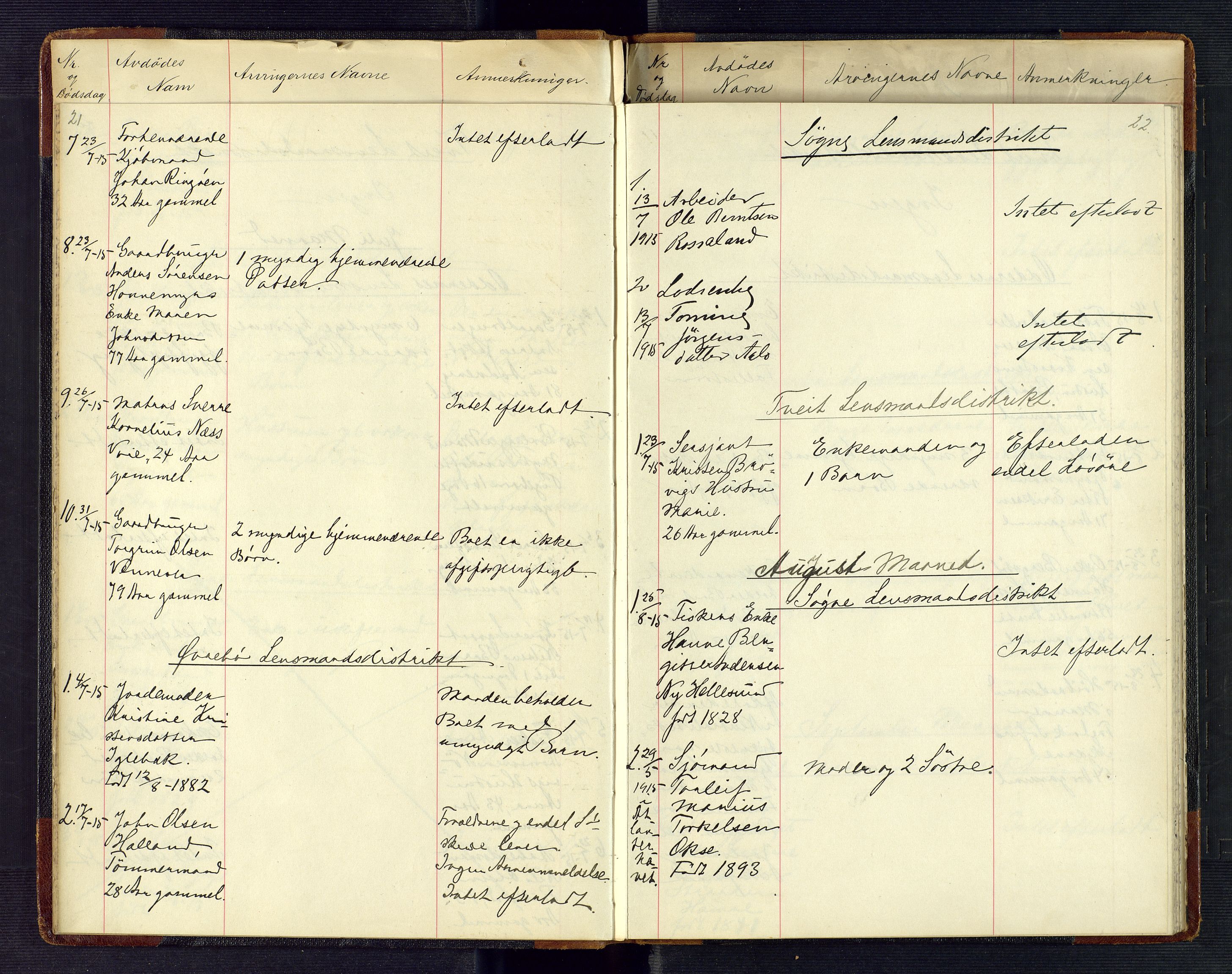 Torridal sorenskriveri, AV/SAK-1221-0012/H/Ha/L0002: Dødsfallsprotokoll med register nr. 2, 1915-1918, p. 21-22