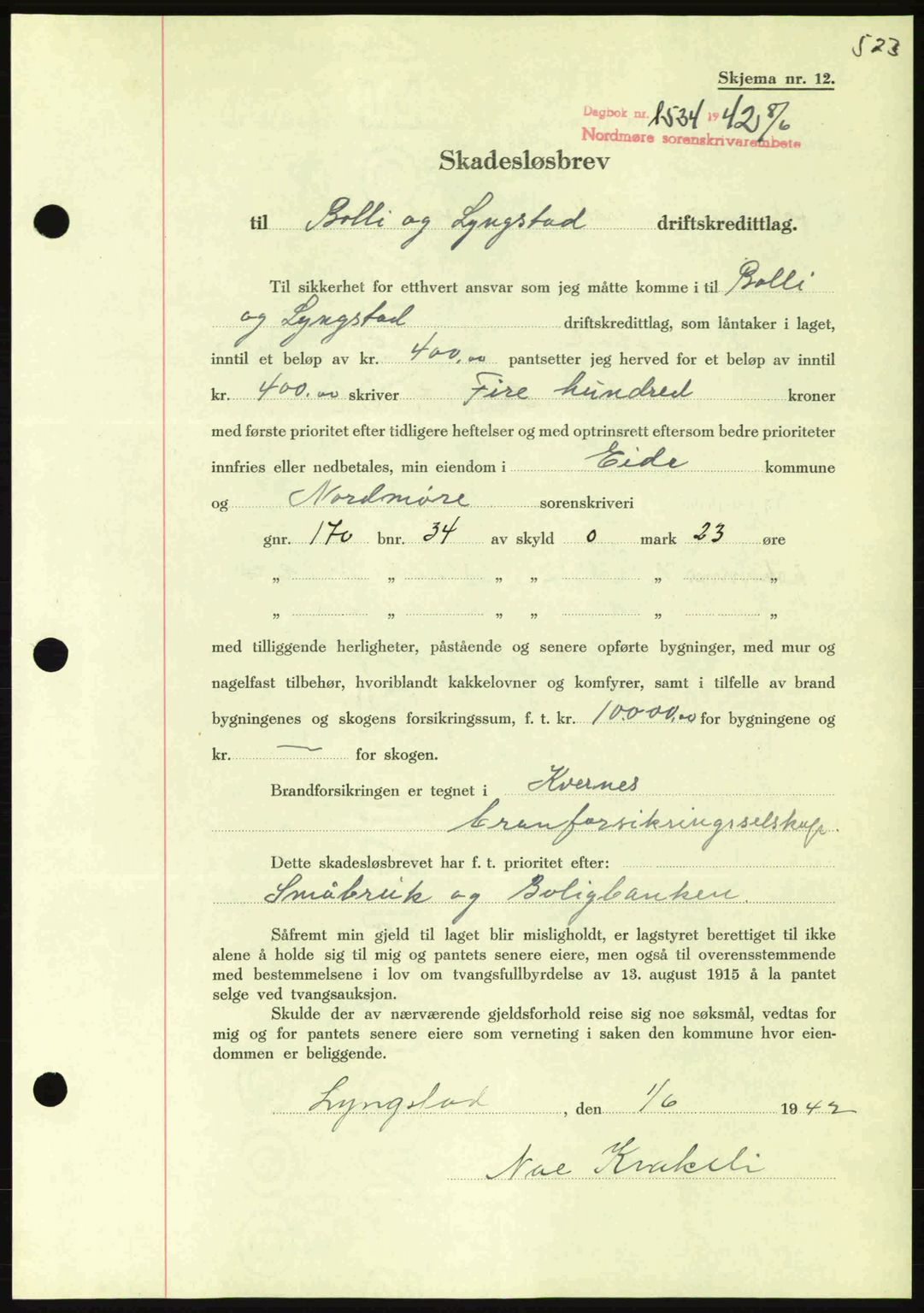 Nordmøre sorenskriveri, AV/SAT-A-4132/1/2/2Ca: Mortgage book no. B89, 1942-1942, Diary no: : 1534/1942