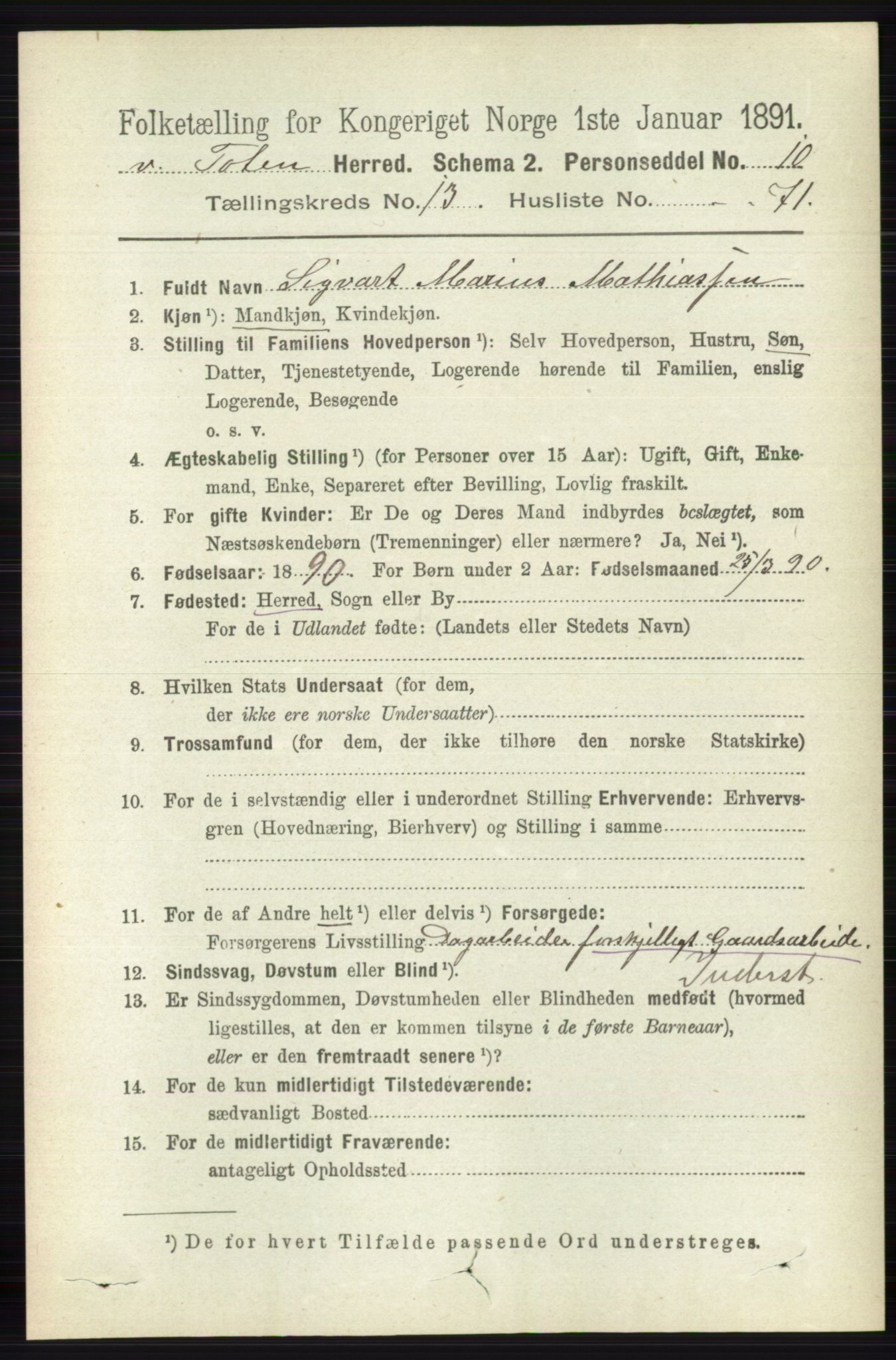 RA, 1891 census for 0529 Vestre Toten, 1891, p. 8196