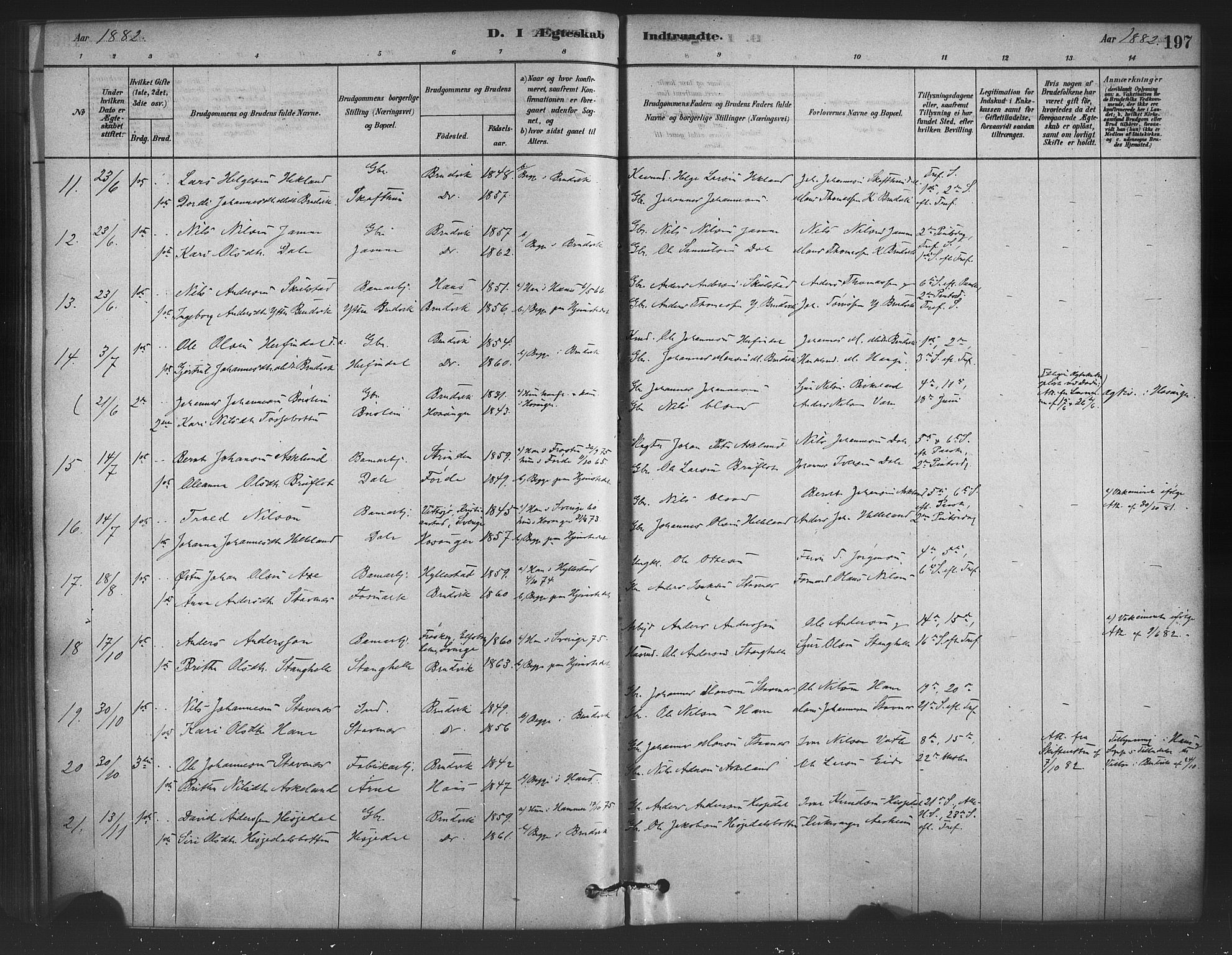 Bruvik Sokneprestembete, SAB/A-74701/H/Haa: Parish register (official) no. B 1, 1878-1904, p. 197