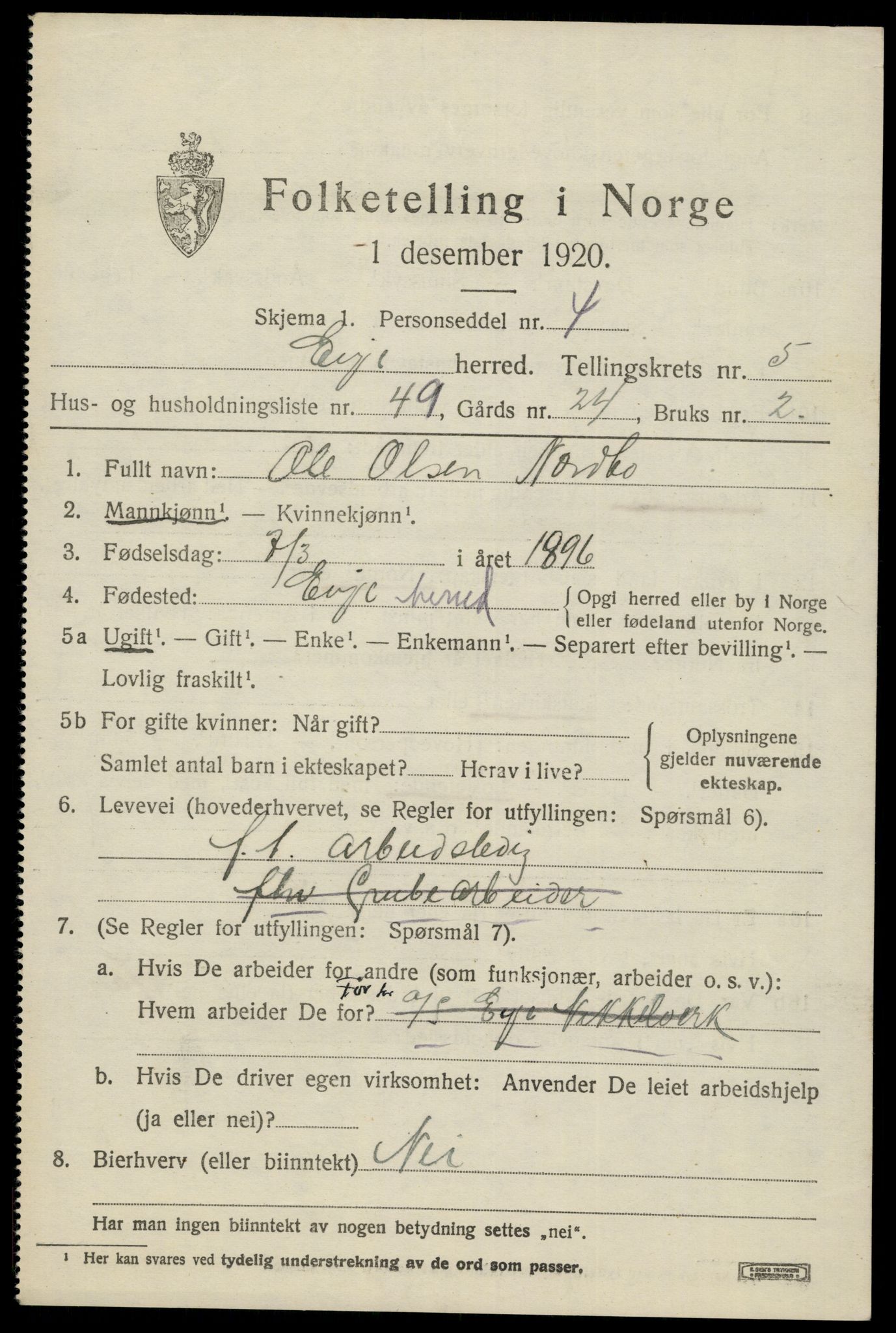 SAK, 1920 census for Evje, 1920, p. 2090