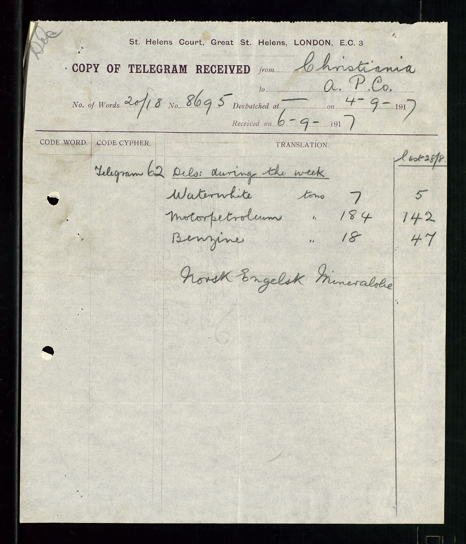 Pa 1521 - A/S Norske Shell, AV/SAST-A-101915/E/Ea/Eaa/L0001: Sjefskorrespondanse, 1917, p. 182