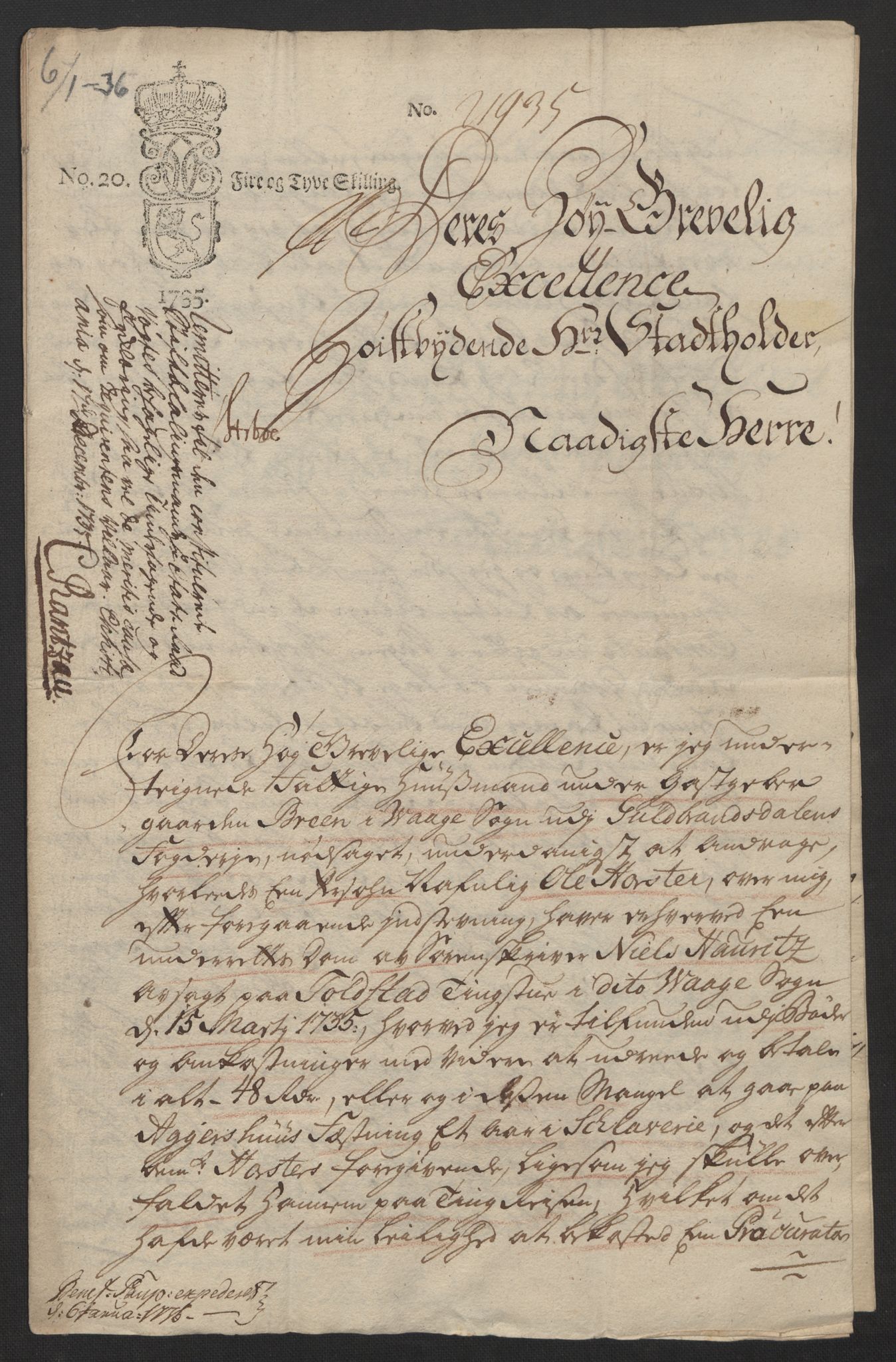 Stattholderembetet 1572-1771, AV/RA-EA-2870/Ef/L0108: Brev fra embetsmenn og andre, 1735-1736, p. 116