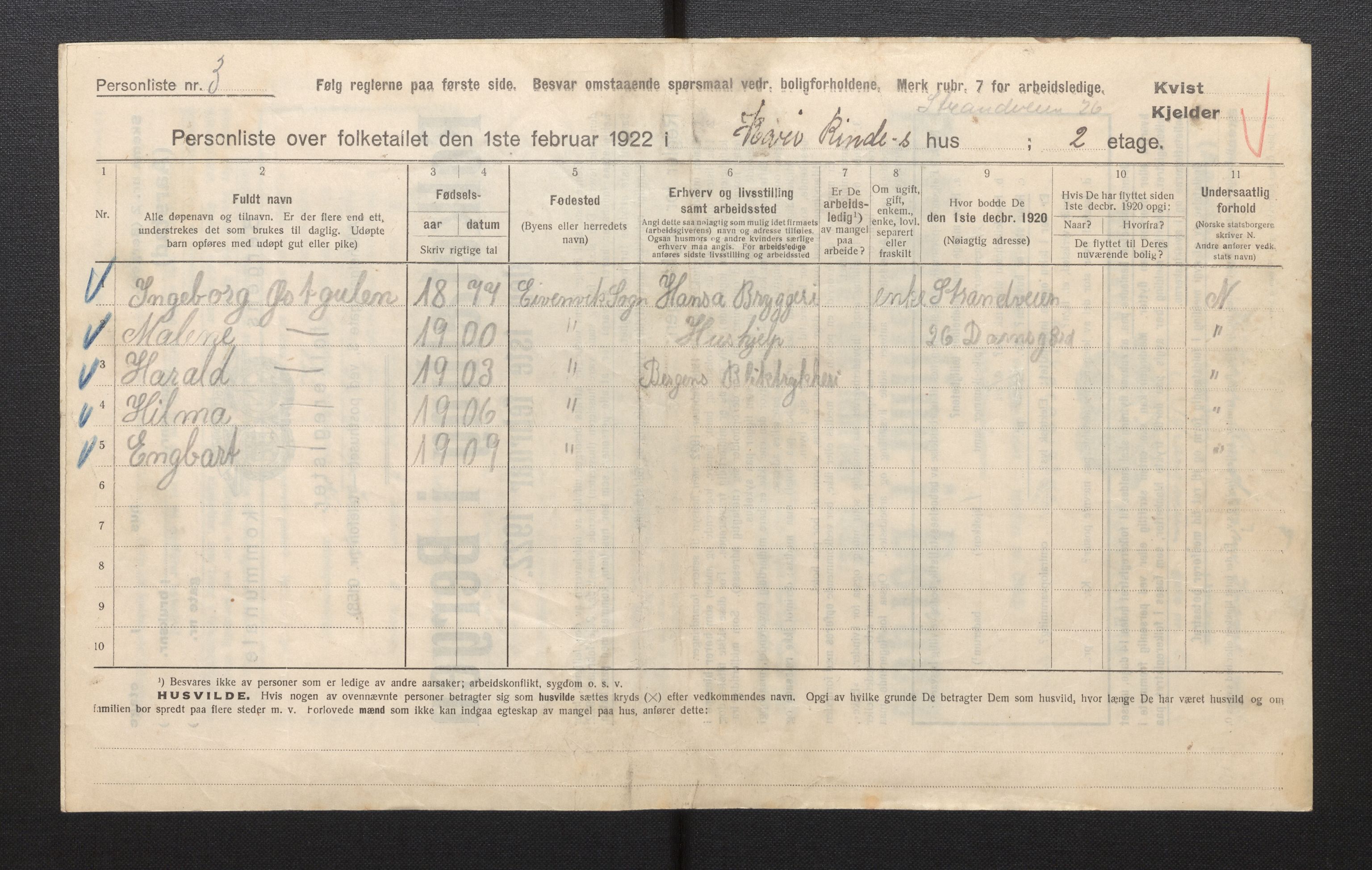 SAB, Municipal Census 1922 for Bergen, 1922, p. 50378