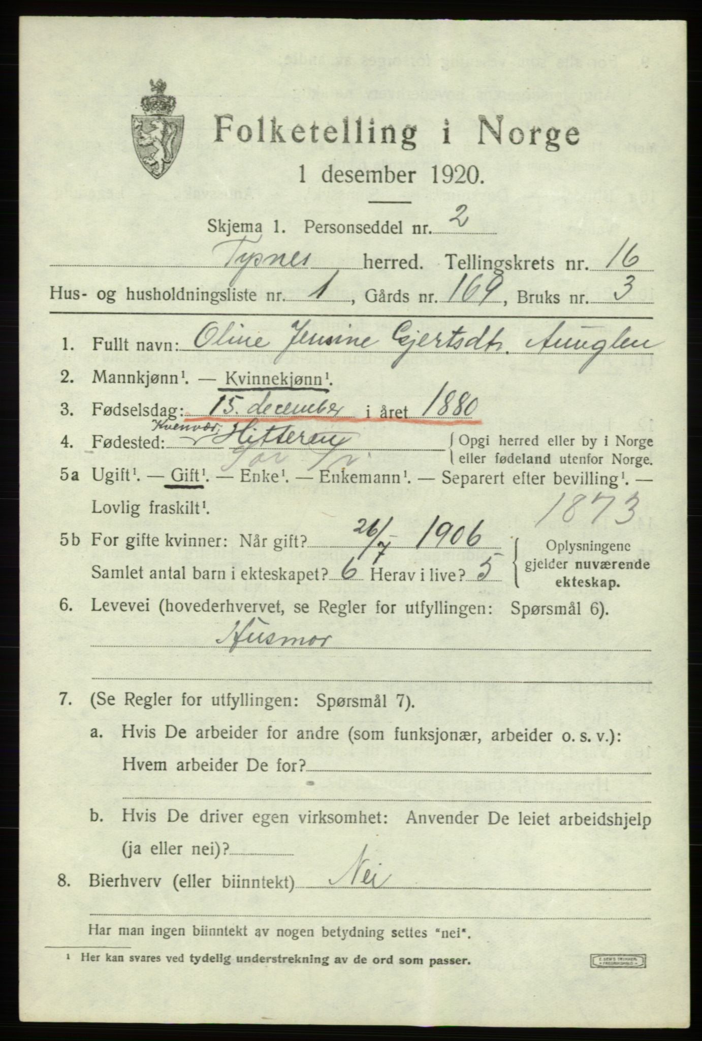 SAB, 1920 census for Tysnes, 1920, p. 10124