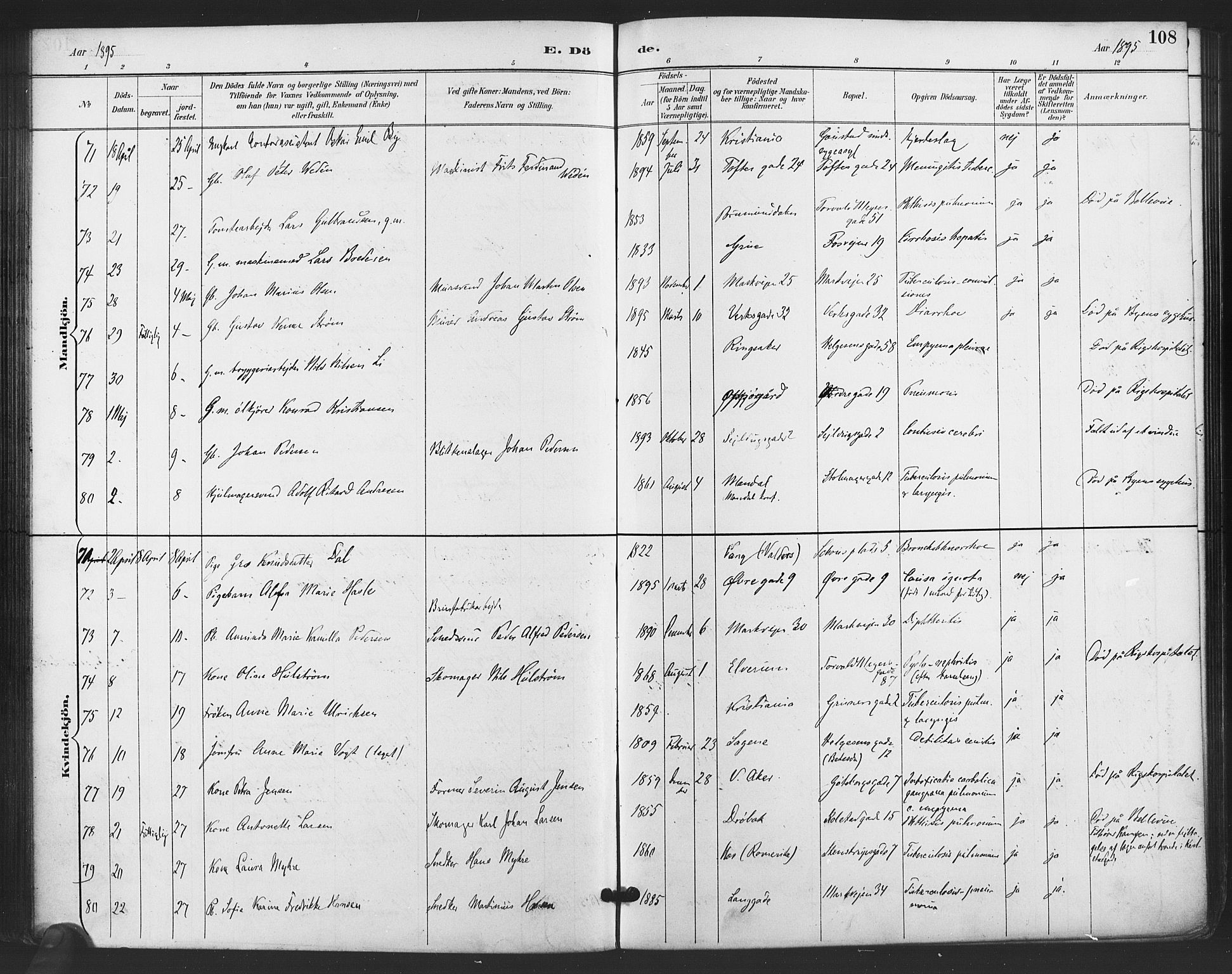 Paulus prestekontor Kirkebøker, SAO/A-10871/F/Fa/L0011: Parish register (official) no. 11, 1889-1897, p. 108