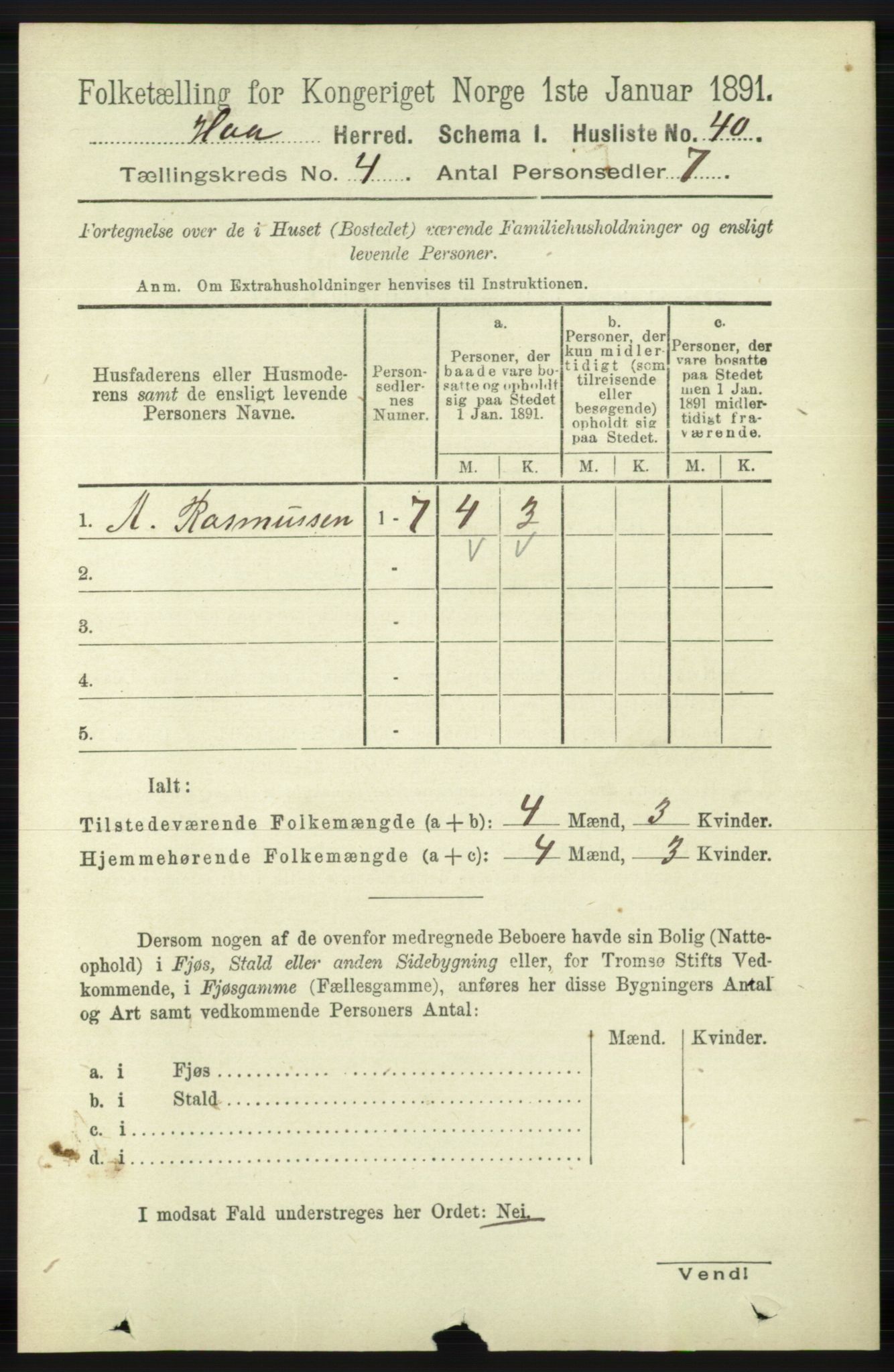 RA, 1891 census for 1119 Hå, 1891, p. 1043