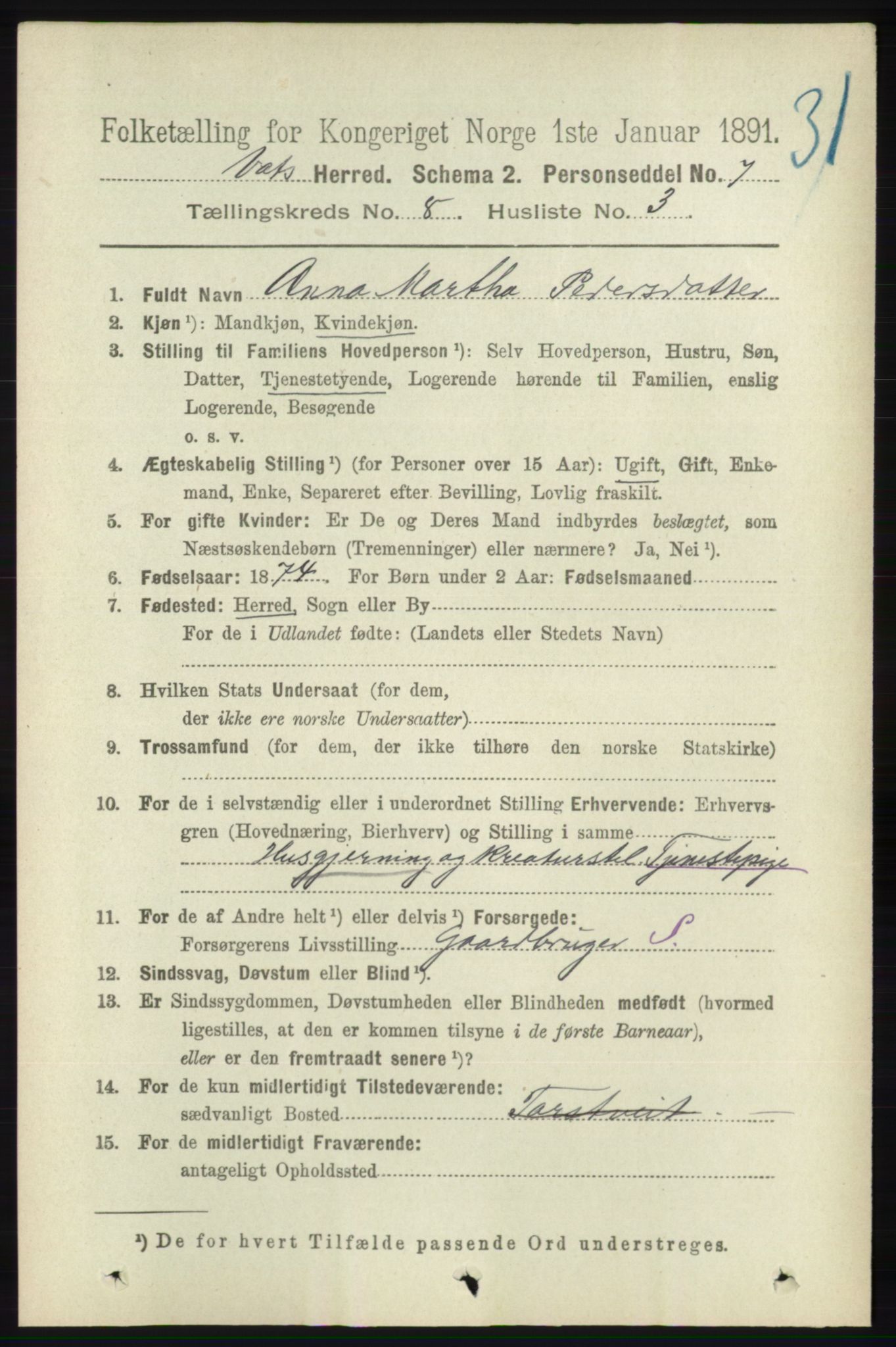 RA, 1891 census for 1155 Vats, 1891, p. 1346