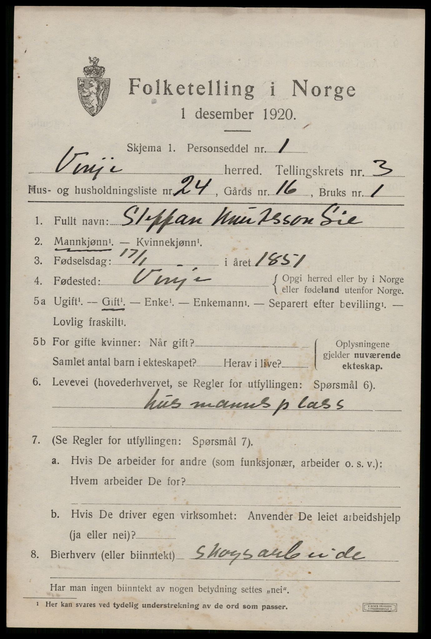 SAKO, 1920 census for Vinje, 1920, p. 1243