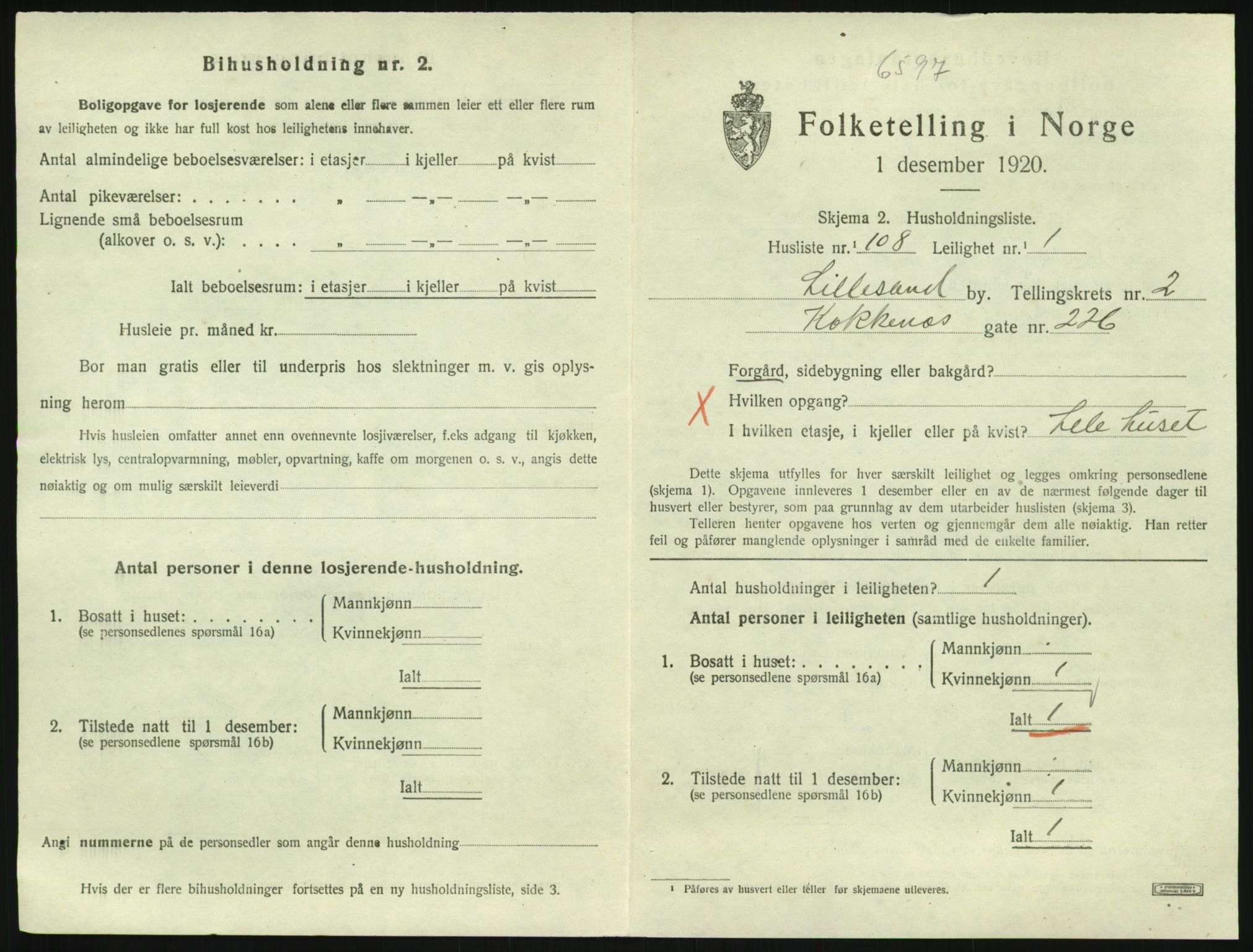 SAK, 1920 census for Lillesand, 1920, p. 1113