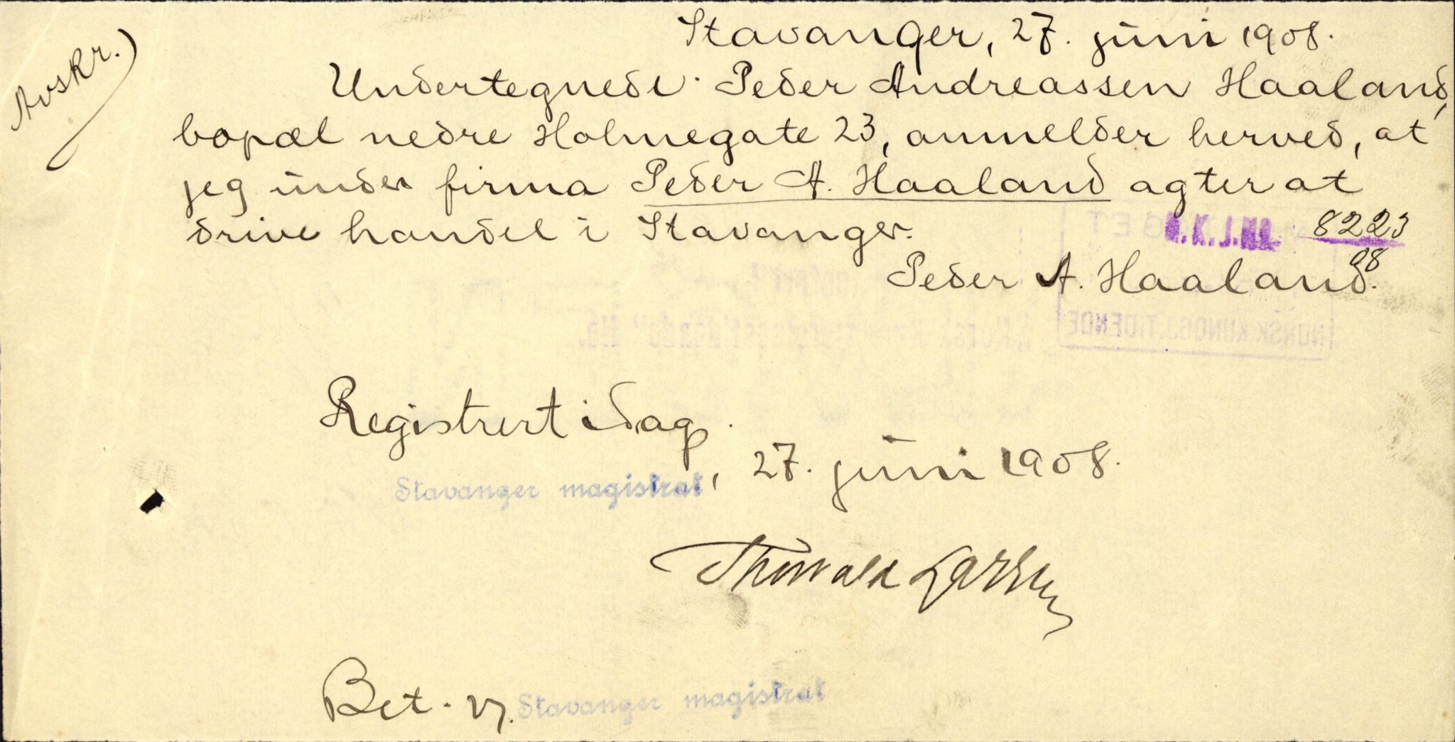 Stavanger byfogd, AV/SAST-A-101408/002/J/Jd/Jde/L0004: Registreringsmeldinger og bilag. Enkeltmannsforetak, 1001-1350, 1891-1990, p. 142