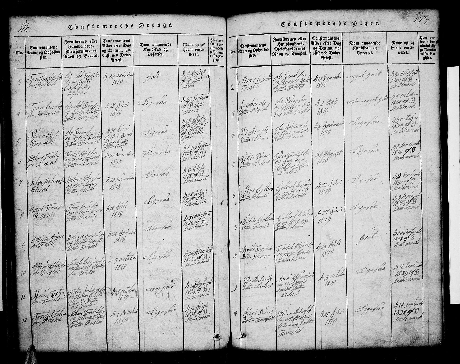 Sirdal sokneprestkontor, SAK/1111-0036/F/Fb/Fbb/L0001: Parish register (copy) no. B 1, 1815-1834, p. 512-513